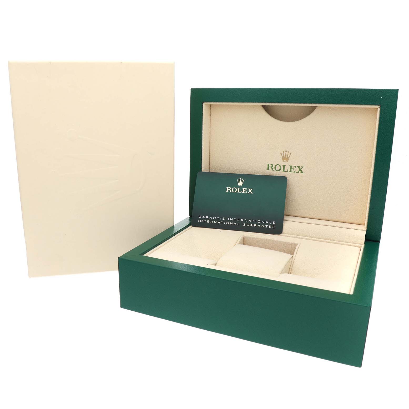 The image shows a Rolex Datejust 41 126334 Men's Stainless Steel Green Dial watch box and certificate holder, viewed from the front.