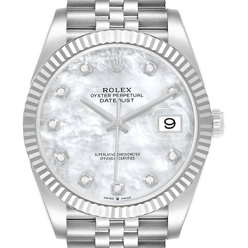 The Rolex Datejust 41 126334 Men's Stainless Steel Mother of Pearl Dial is shown from the front, highlighting its face, bezel, bracelet, and date window.