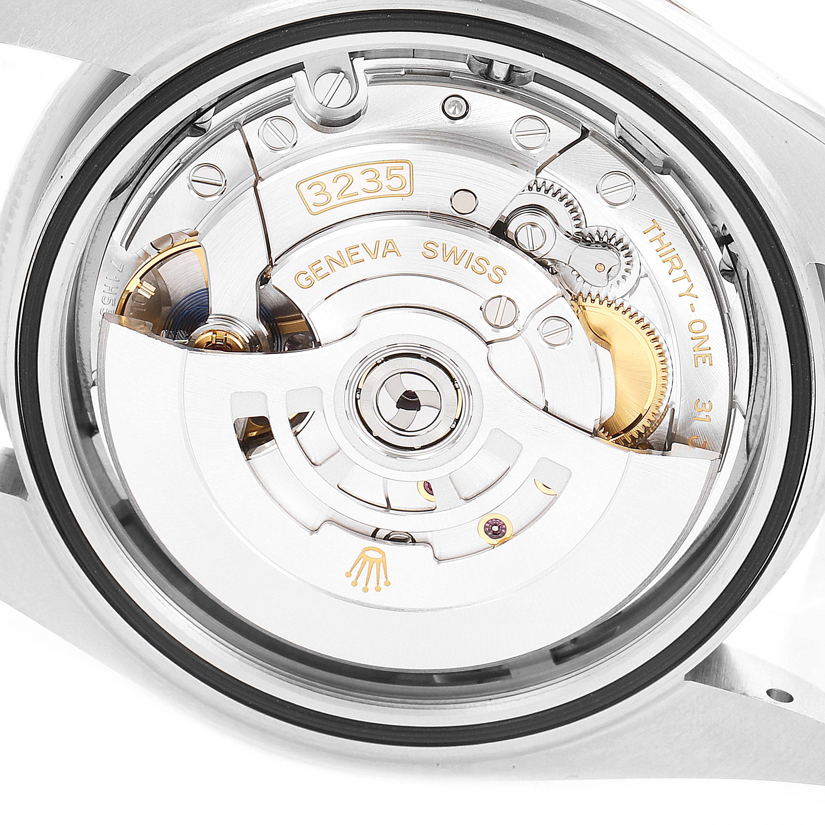 This image shows the movement mechanism of the Rolex Datejust 41 126334 Men's Stainless Steel Grey Dial 126334 Men's Stainless Steel Grey Dial model from a rear angle.