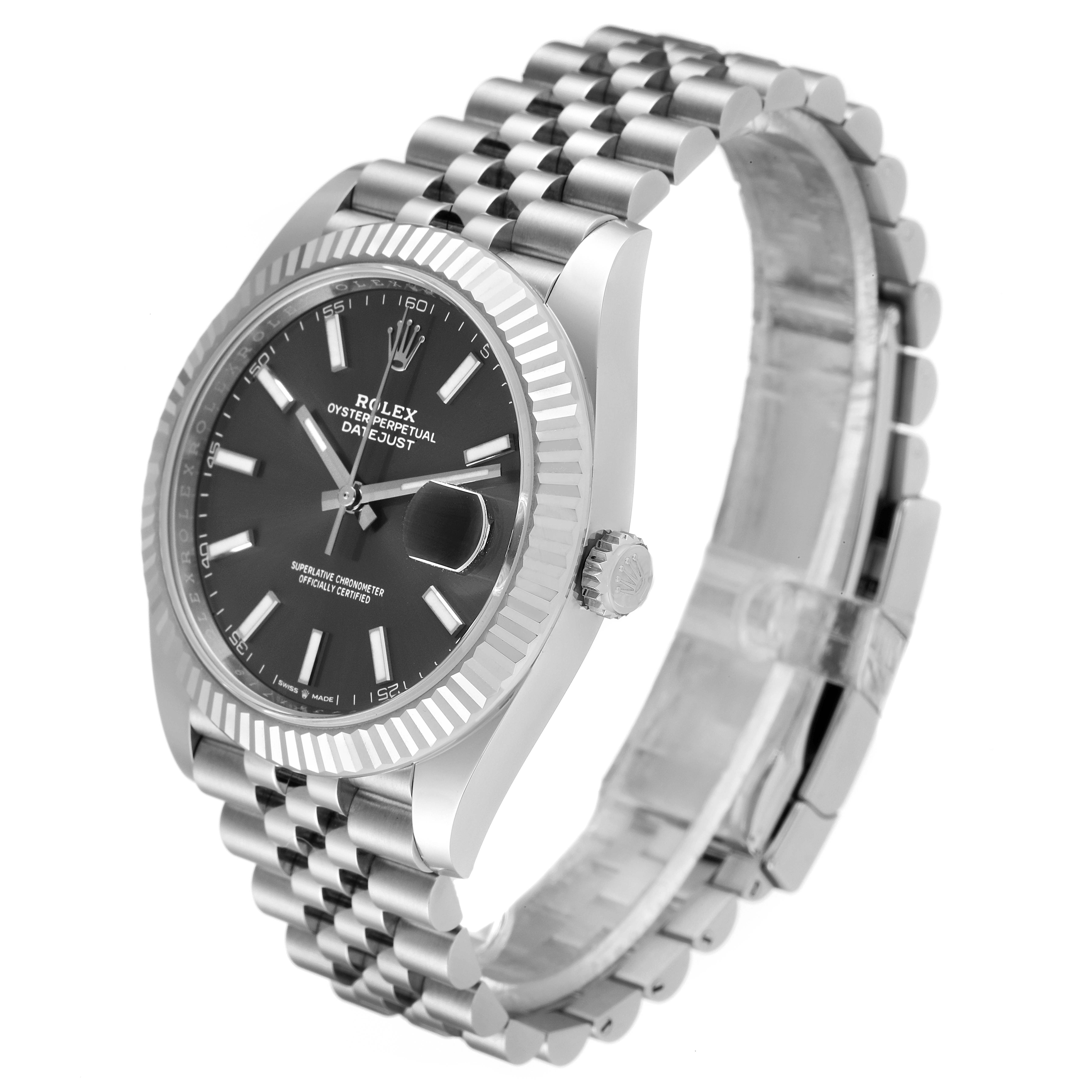 This image shows a side angle of the Rolex Datejust 41 126334 Men's Stainless Steel Grey Dial 126334 Men's Stainless Steel Grey Dial watch, highlighting the face, bezel, crown, and jubilee bracelet.