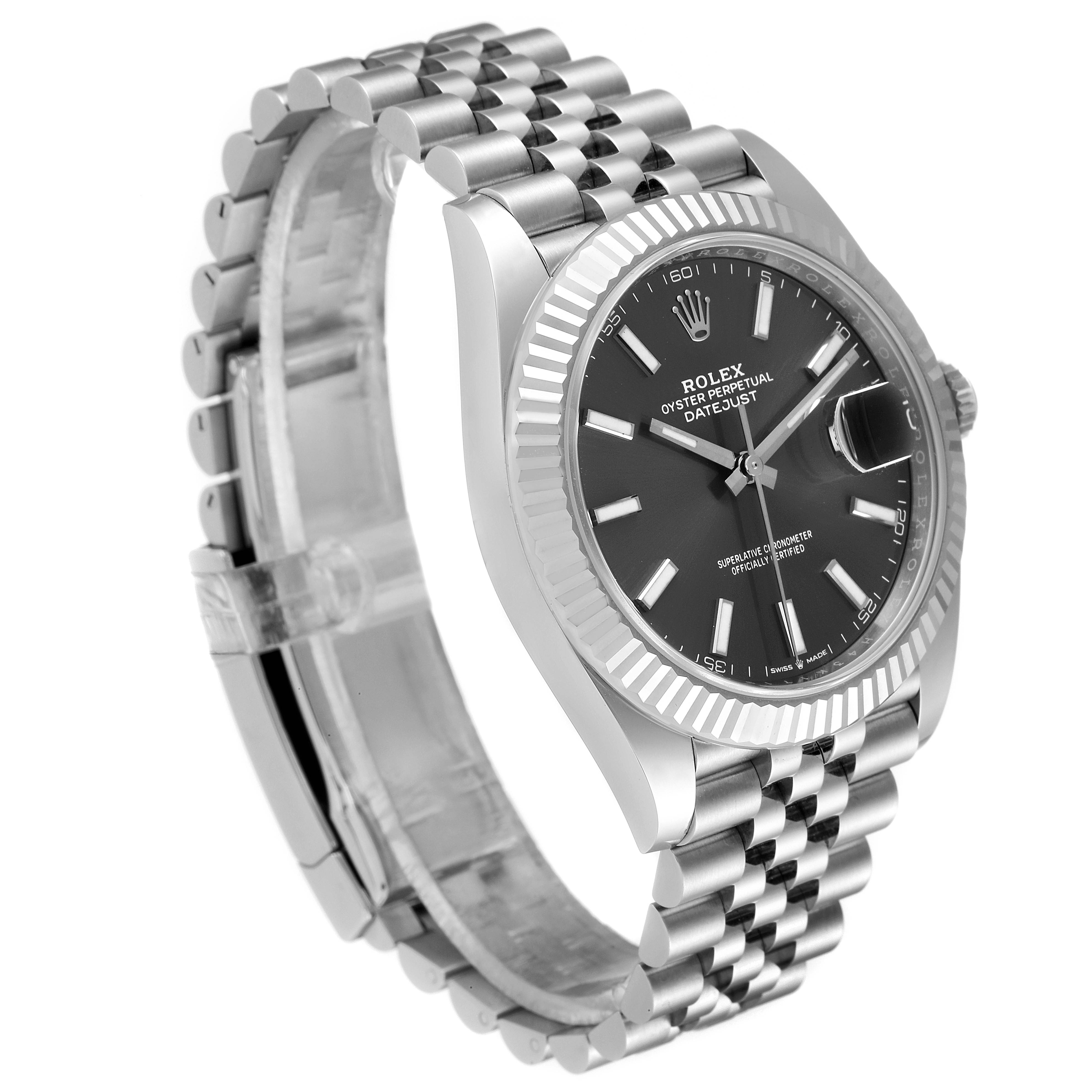 The image shows a Rolex Datejust 41 126334 Men's Stainless Steel Grey Dial 126334 Men's Stainless Steel Grey Dial watch at a slight angle, highlighting its bracelet, case, dial, and fluted bezel.