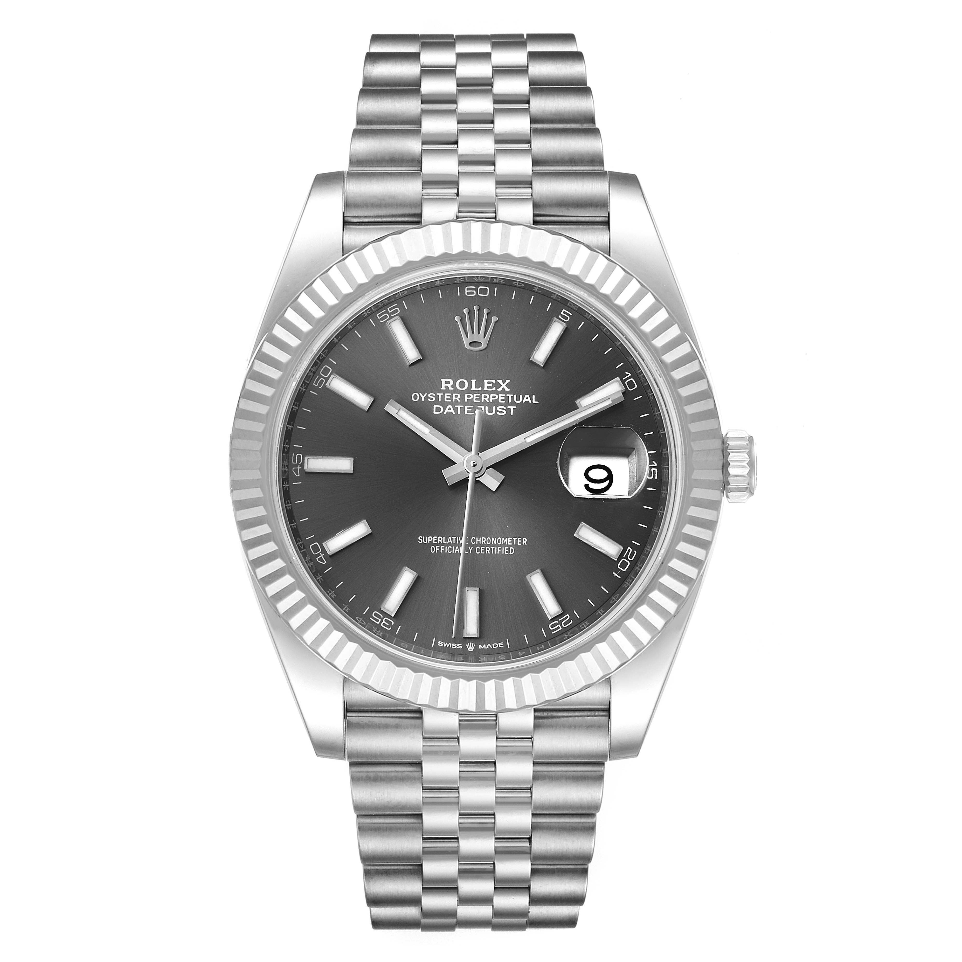 This image shows a Rolex Datejust 41 126334 Men's Stainless Steel Grey Dial 126334 Men's Stainless Steel Grey Dial watch viewed from the front, displaying its face, fluted bezel, and Jubilee bracelet.