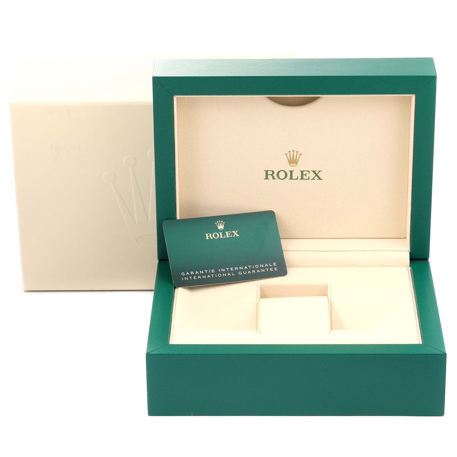 The image shows the open box and warranty card for a Rolex Datejust 41 126334 Men's Stainless Steel Grey Dial 126334 Men's Stainless Steel Grey Dial watch, displaying the interior packaging.