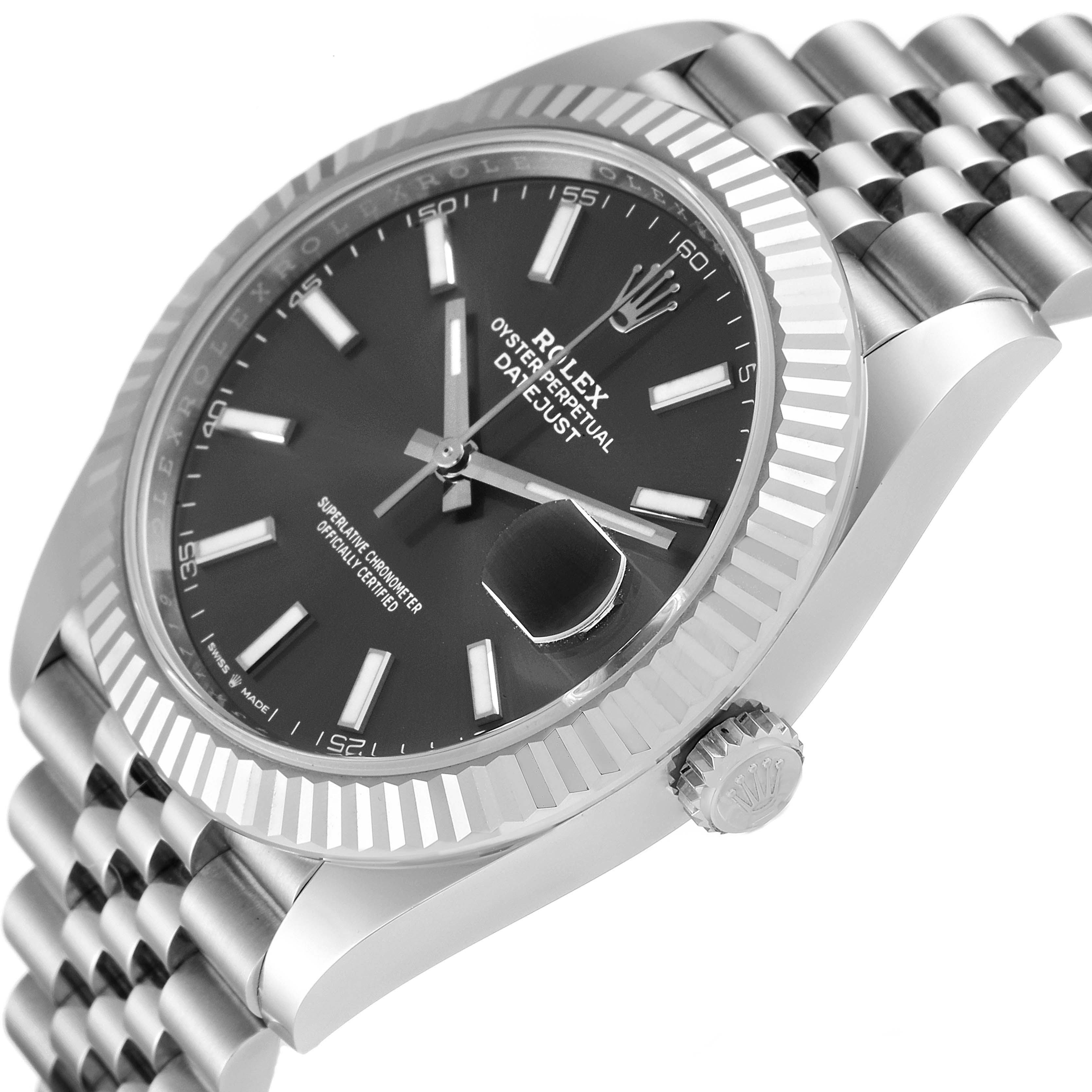 The Rolex Datejust 41 126334 Men's Stainless Steel Grey Dial 126334 Men's Stainless Steel Grey Dial watch is shown at an angled close-up, highlighting the dial, bezel, crown, and part of the bracelet.