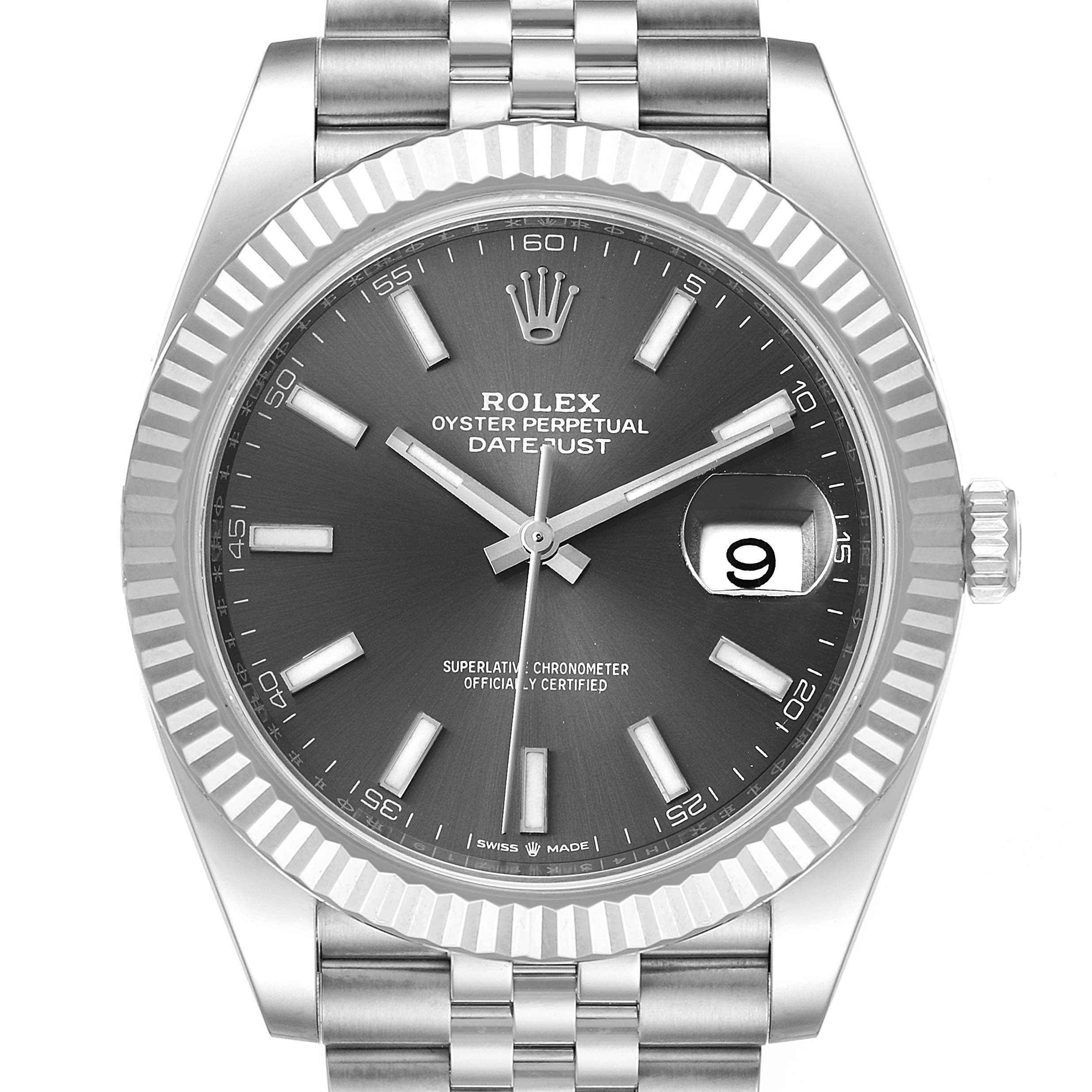 The image shows a front view of the Rolex Datejust 41 126334 Men's Stainless Steel Grey Dial 126334 Men's Stainless Steel Grey Dial, showcasing the dial, bezel, and part of the bracelet.