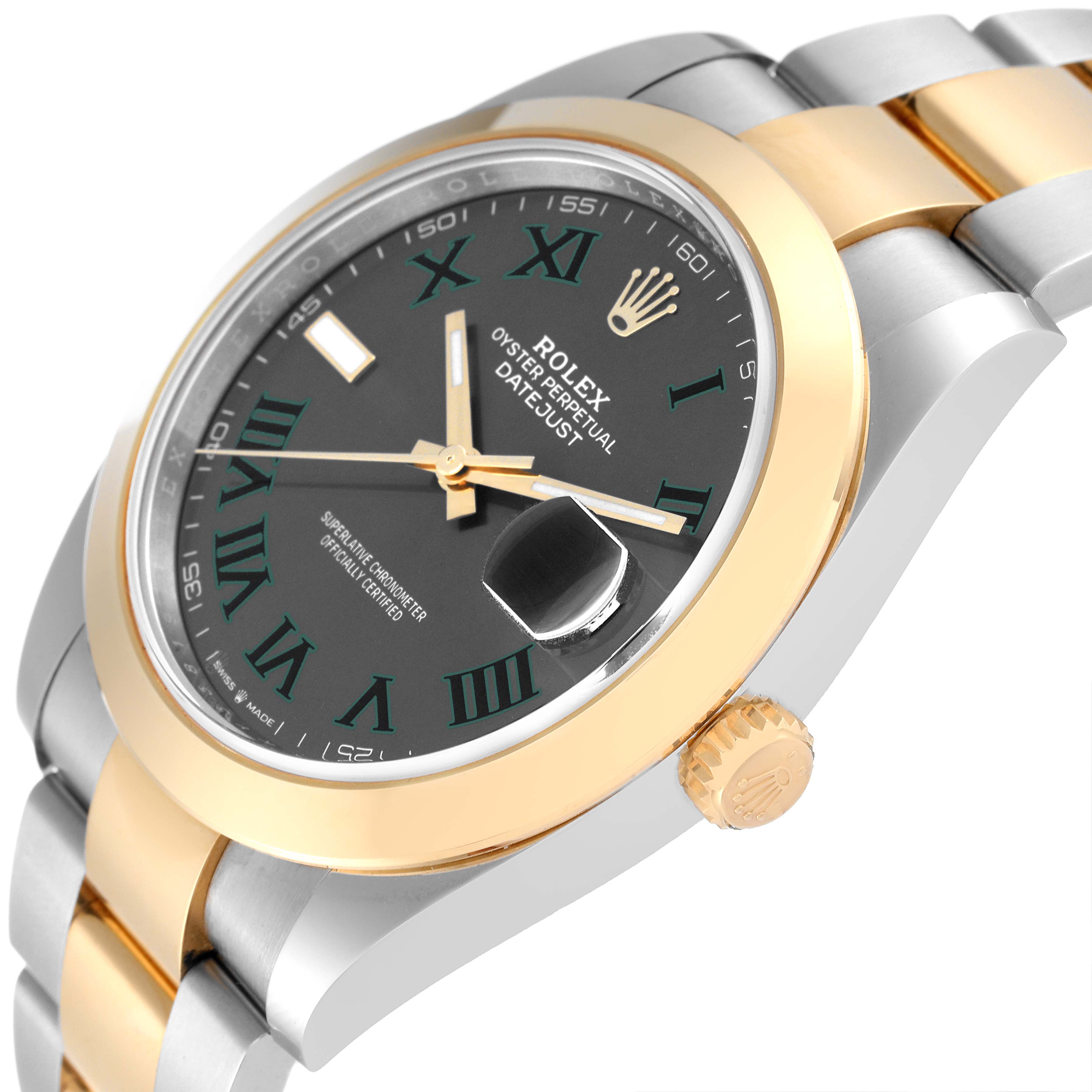 This image shows a close-up, angled view of the Rolex Datejust 41 126303 Men
s Steel and Gold (two tone) Grey Dial 126303 Men
s Steel and Gold (two tone) Grey Dial, highlighting the dial, bezel, crown, and part of the bracelet.