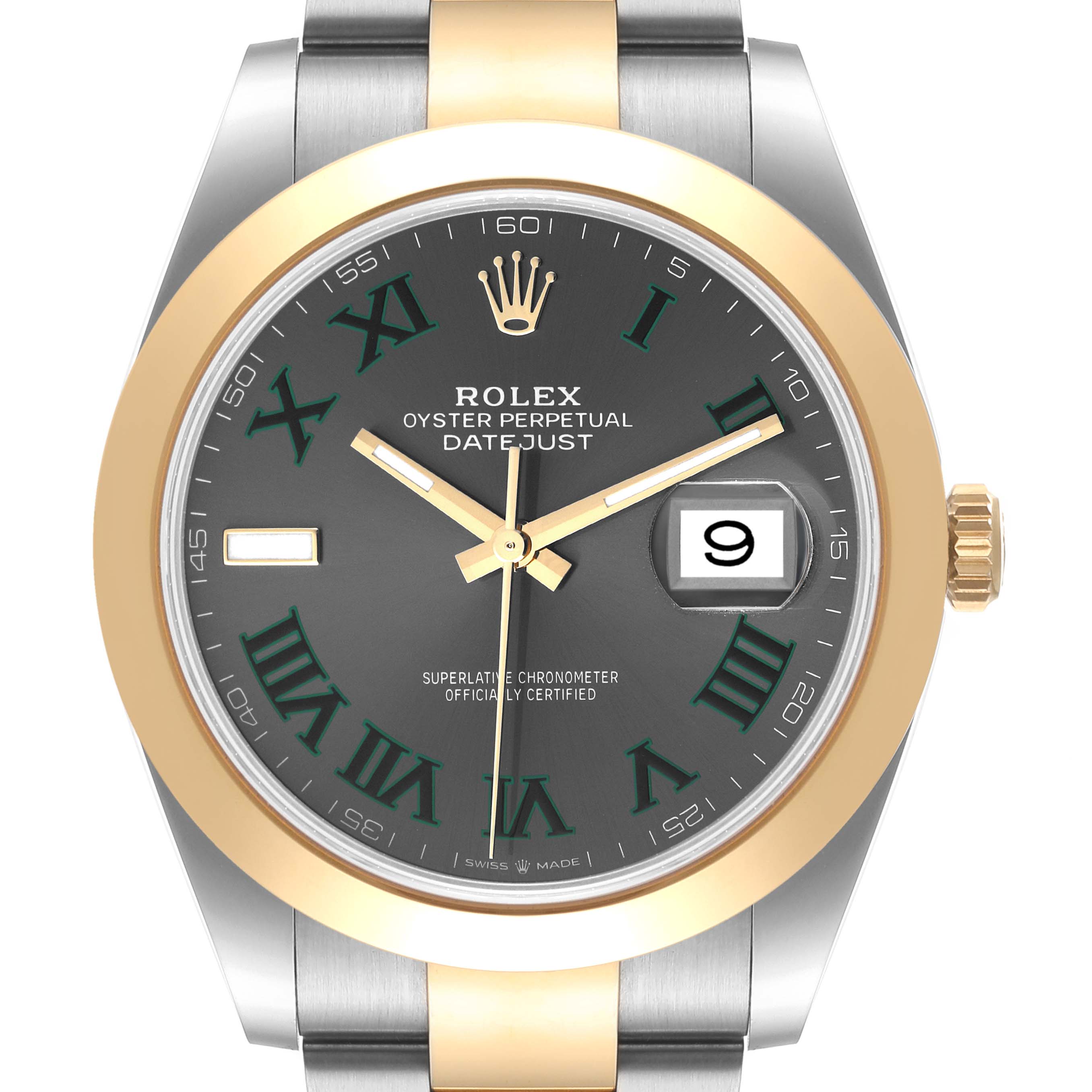 This image shows a frontal view of the Rolex Datejust 41 126303 Men
s Steel and Gold (two tone) Grey Dial 126303 Men
s Steel and Gold (two tone) Grey Dial, highlighting its dial, hands, date window, bezel, and part of the bracelet.