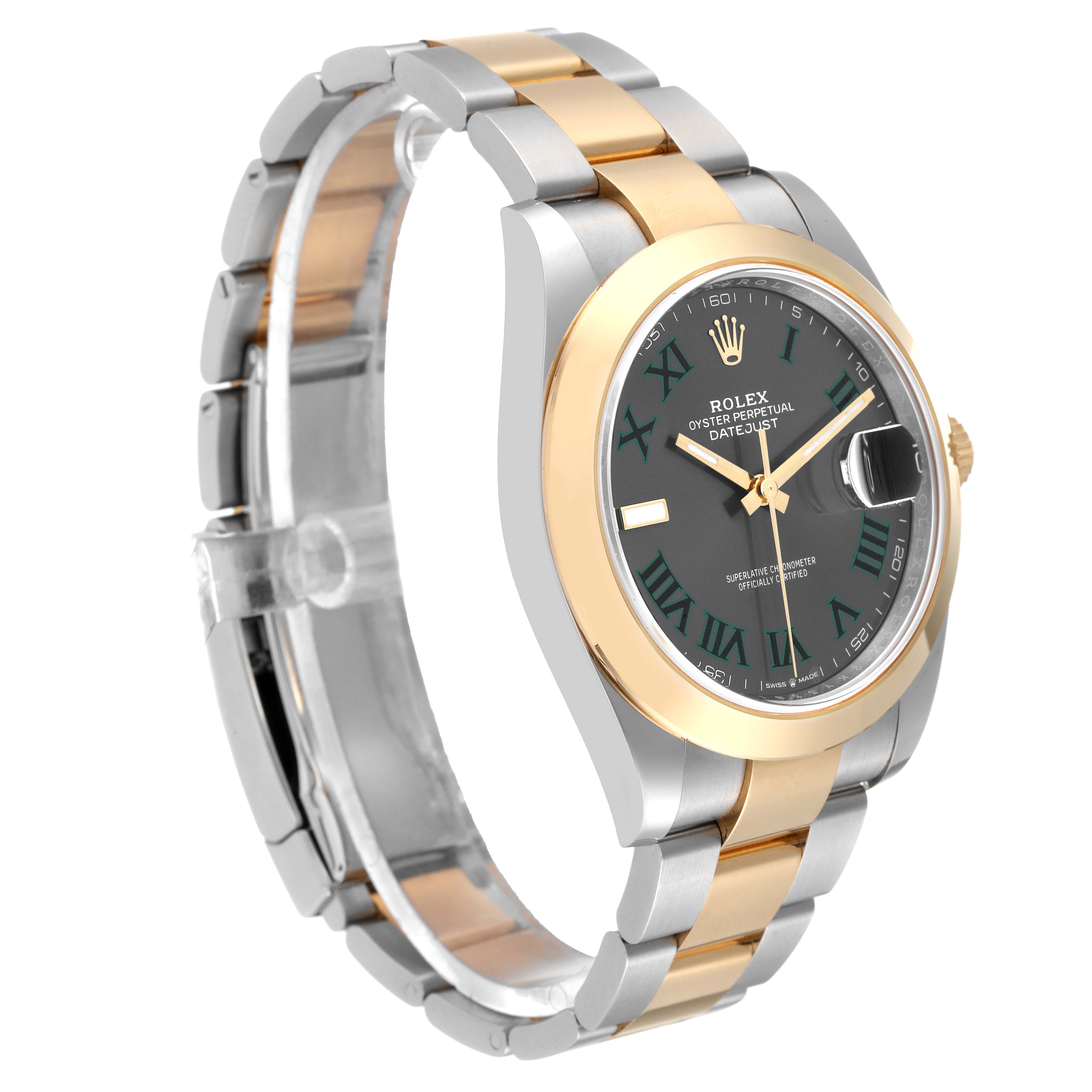 The image shows a Rolex Datejust 41 126303 Men
s Steel and Gold (two tone) Grey Dial 126303 Men
s Steel and Gold (two tone) Grey Dial watch at an angled side view, highlighting its two-tone bracelet and black dial.