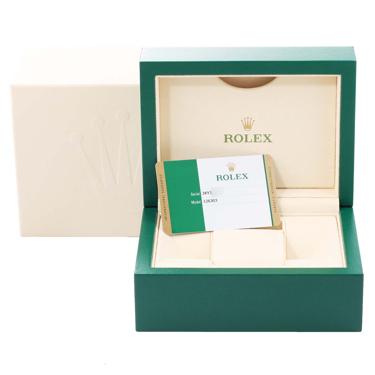This image shows the packaging, including the inner box and Best Quality
ity card, of a Rolex Datejust 41 126303 Men
s Steel and Gold (two tone) Grey Dial 126303 Men
s Steel and Gold (two tone) Grey Dial model.