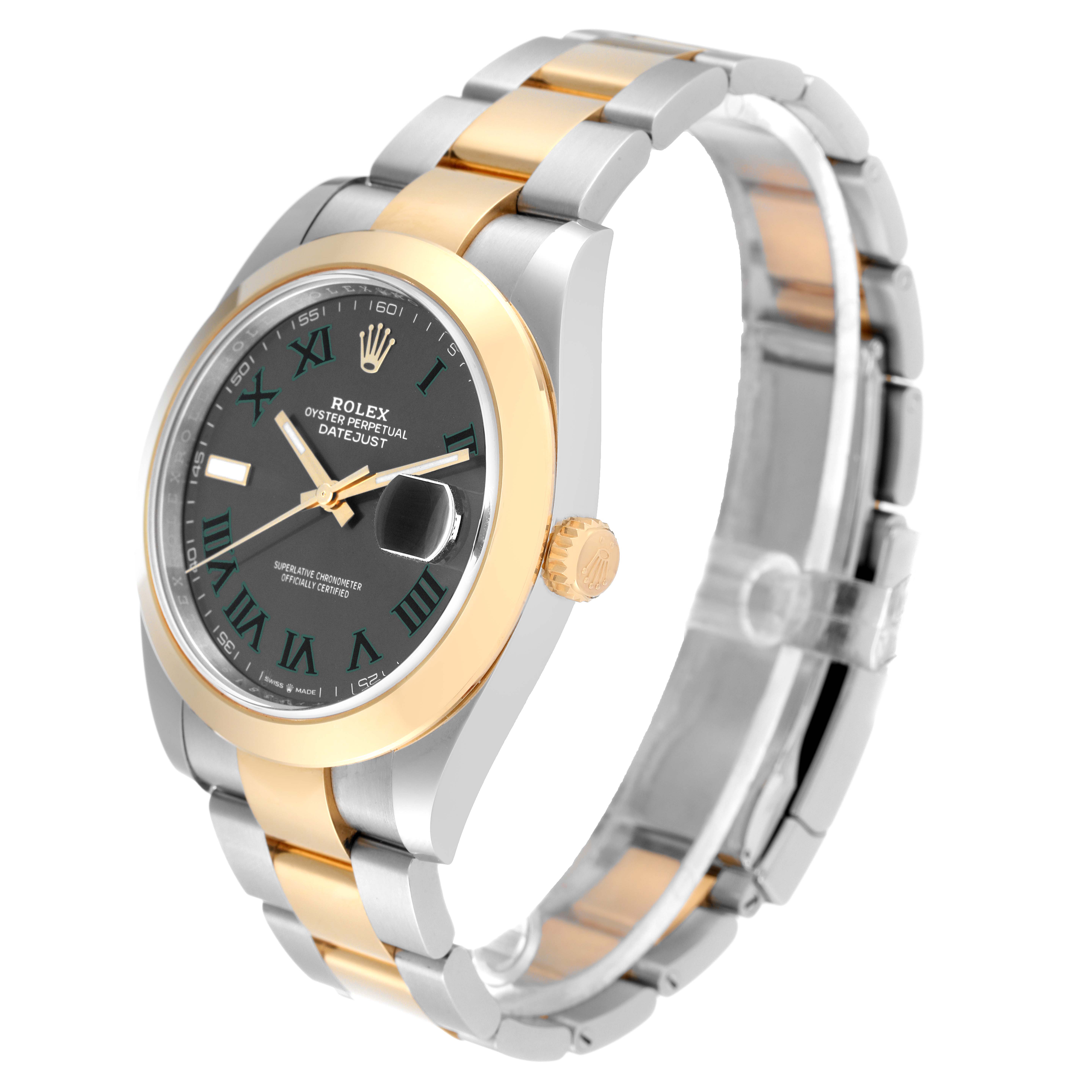The image shows a Rolex Datejust 41 126303 Men
s Steel and Gold (two tone) Grey Dial 126303 Men
s Steel and Gold (two tone) Grey Dial watch at a slight angle, highlighting the green dial, gold bezel, and two-tone bracelet.