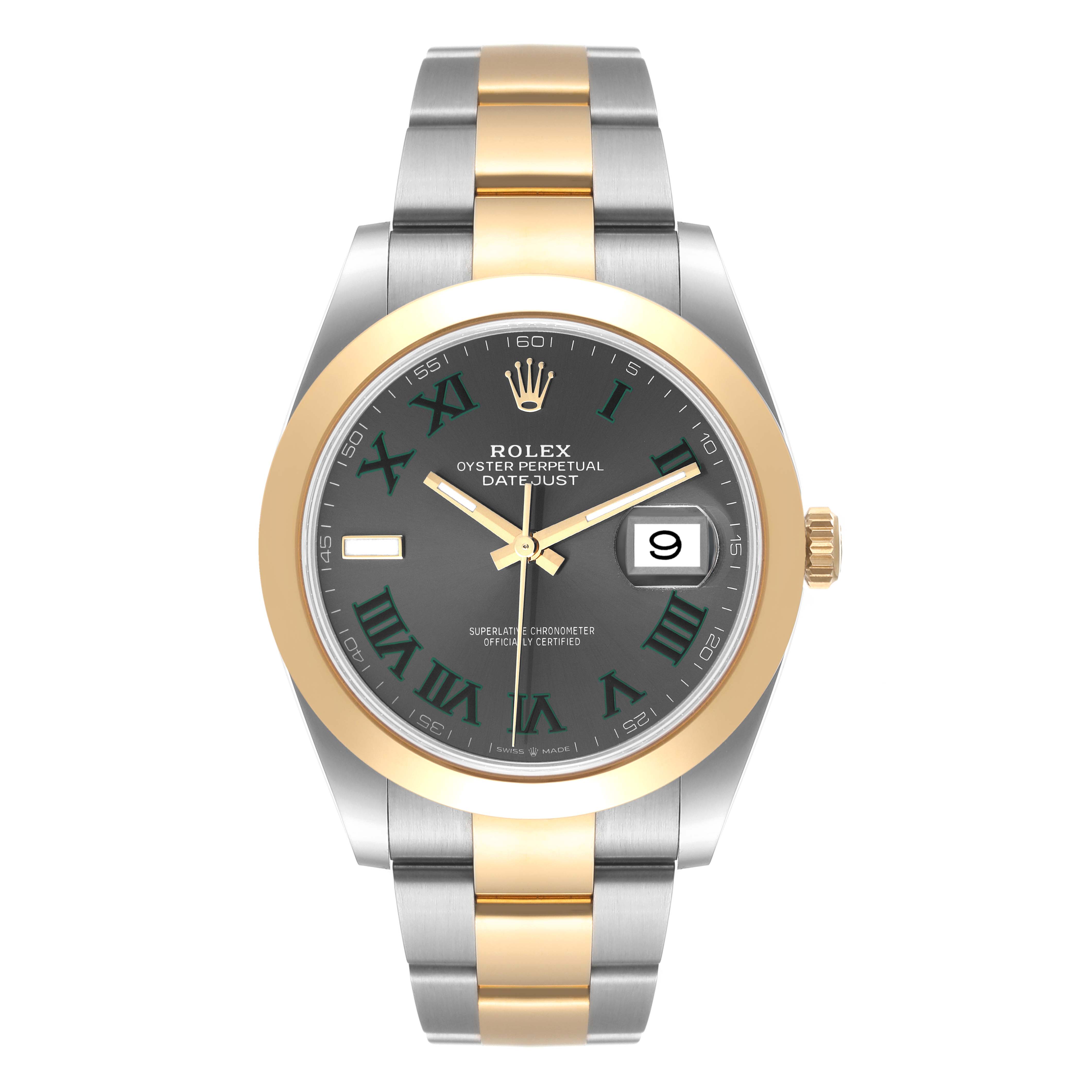 The image shows a Rolex Datejust 41 126303 Men
s Steel and Gold (two tone) Grey Dial 126303 Men
s Steel and Gold (two tone) Grey Dial watch, frontal view, featuring a gold and silver bracelet and a dark dial with Roman numerals.