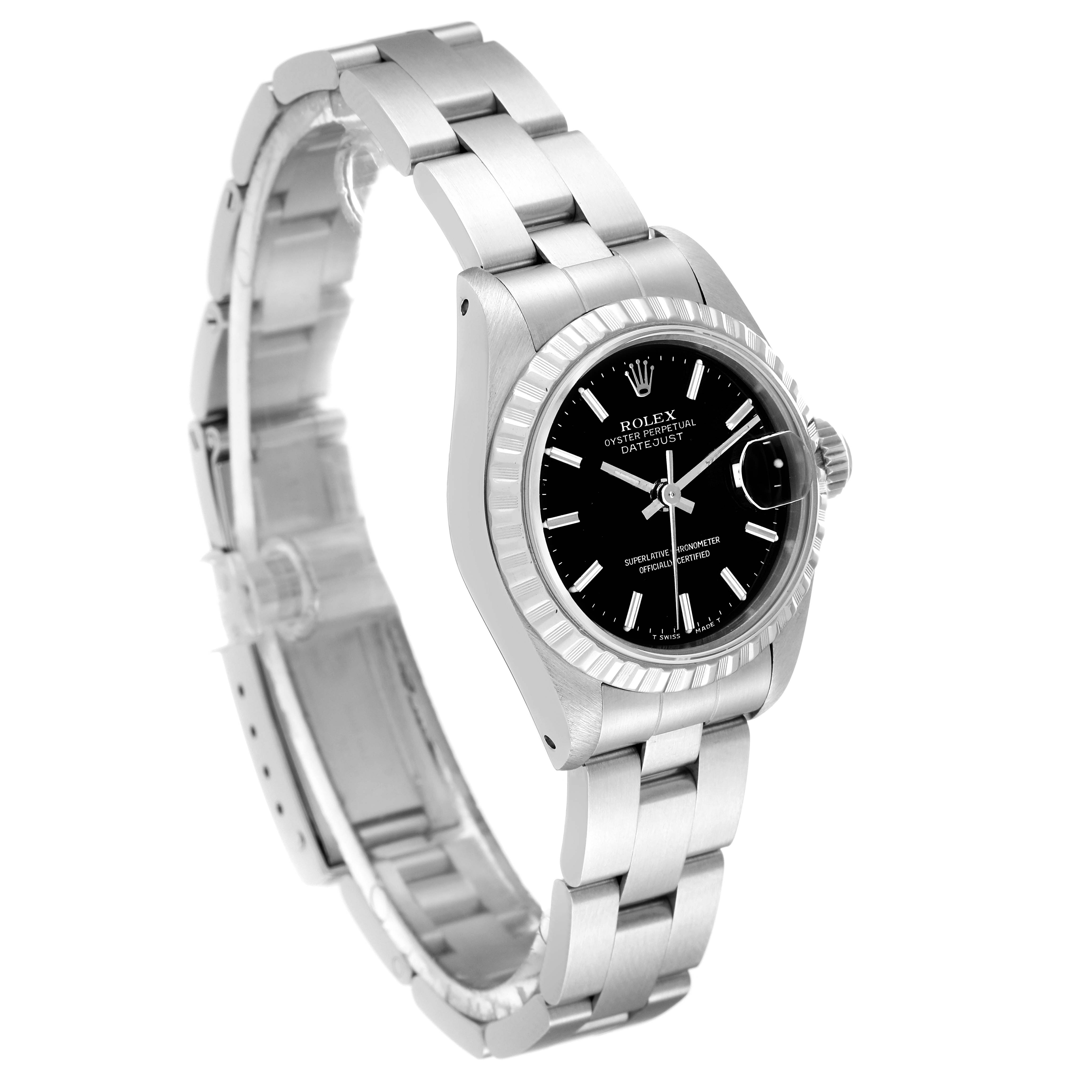 This image shows a Rolex Datejust 69240 Women's Stainless Steel Black Dial 69240 Women's Stainless Steel Black Dial watch from an angled side view, highlighting its bracelet, case, black dial, and fluted bezel.
