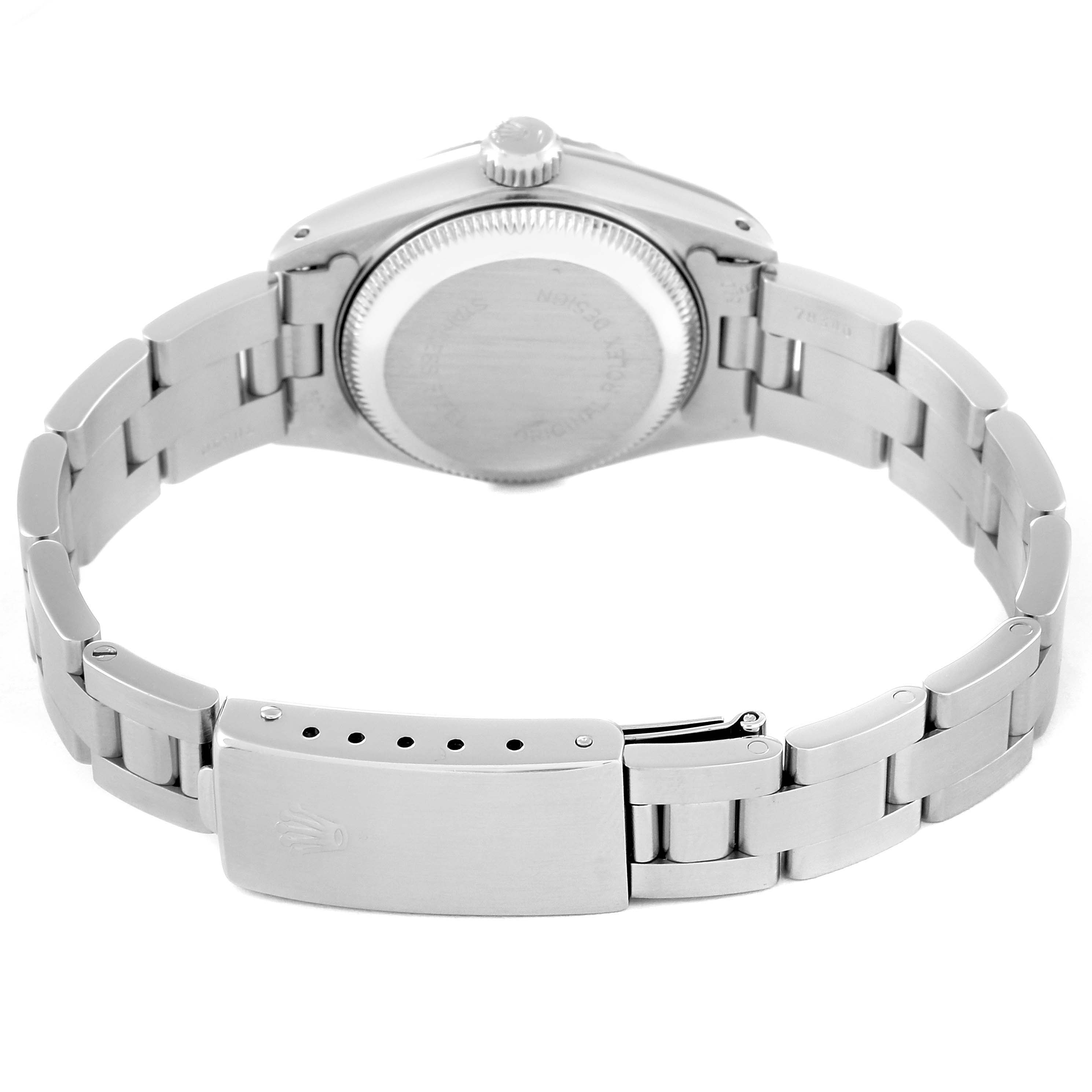 The image shows the back of a Rolex Datejust 69240 Women's Stainless Steel Black Dial 69240 Women's Stainless Steel Black Dial watch, focusing on the case back and the metal bracelet with its clasp.