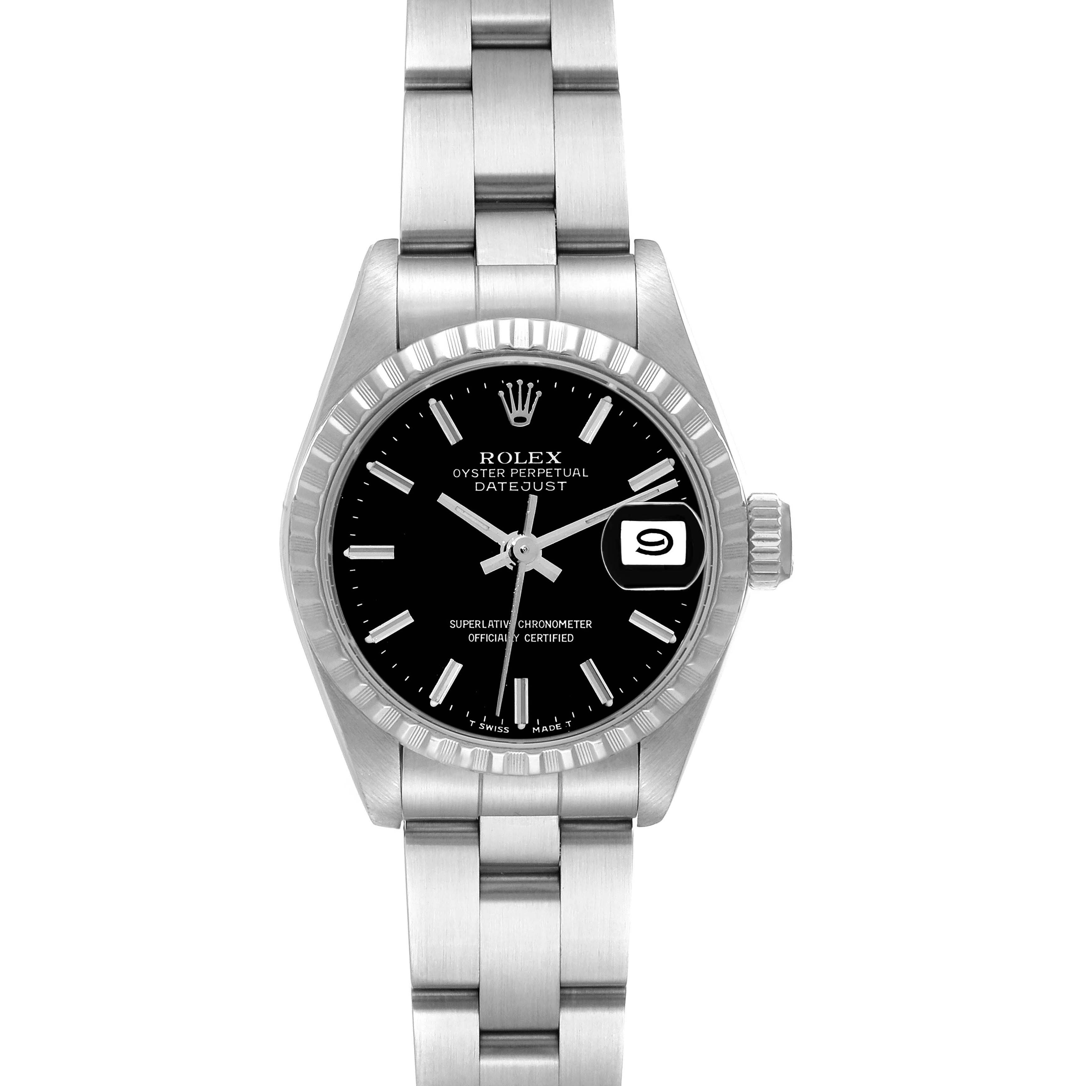 This image shows a front view of the Rolex Datejust 69240 Women's Stainless Steel Black Dial 69240 Women's Stainless Steel Black Dial watch, displaying its dial, bezel, and bracelet.