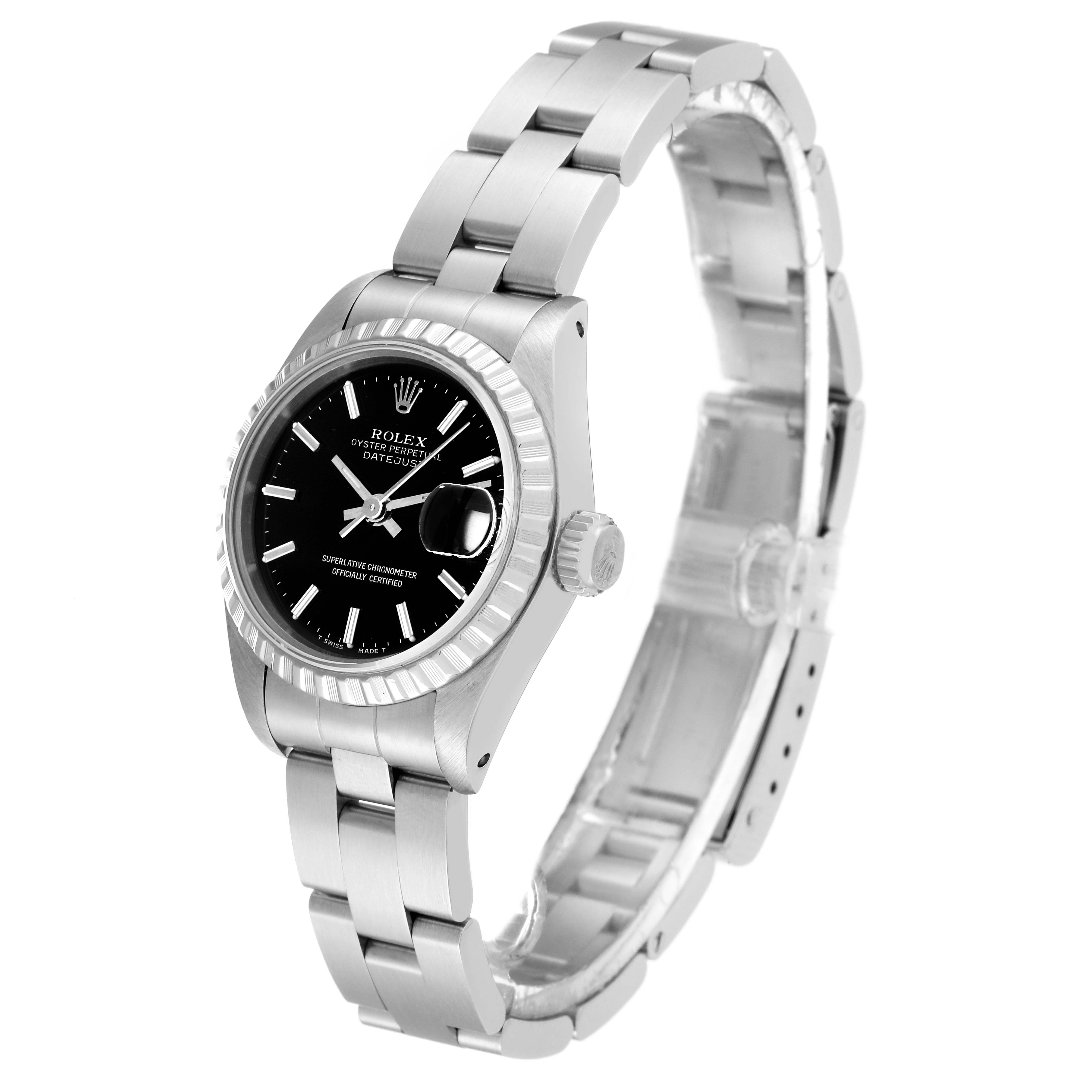 The image shows a Rolex Datejust 69240 Women's Stainless Steel Black Dial 69240 Women's Stainless Steel Black Dial watch at a three-quarter angle, highlighting its dial, bezel, crown, and bracelet.