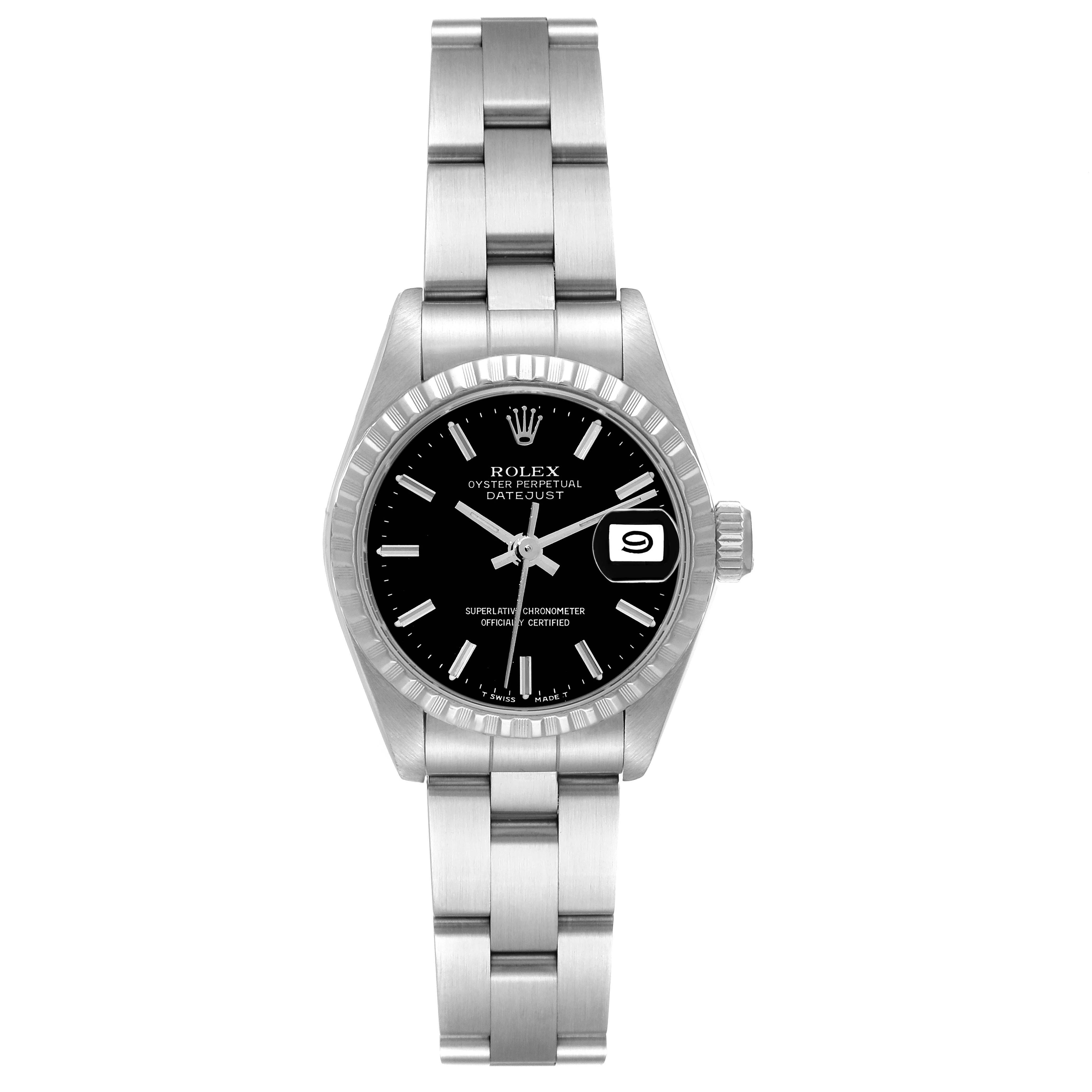 This image shows a front view of a Rolex Datejust 69240 Women's Stainless Steel Black Dial 69240 Women's Stainless Steel Black Dial watch, displaying the dial, date window, and bracelet.