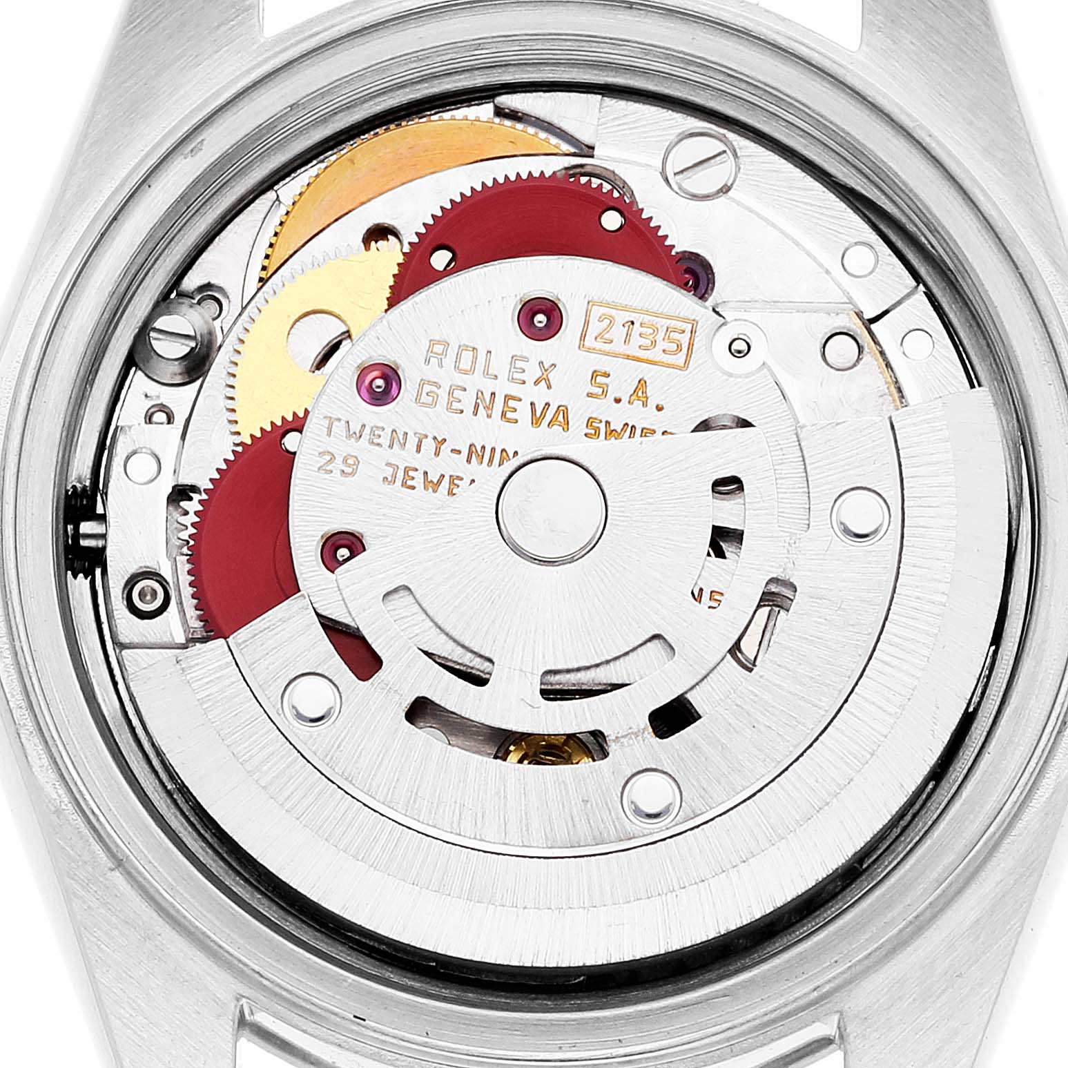 This is a close-up view of the internal mechanical parts of a Rolex Datejust 69240 Women's Stainless Steel Black Dial 69240 Women's Stainless Steel Black Dial watch, showcasing its movement components.