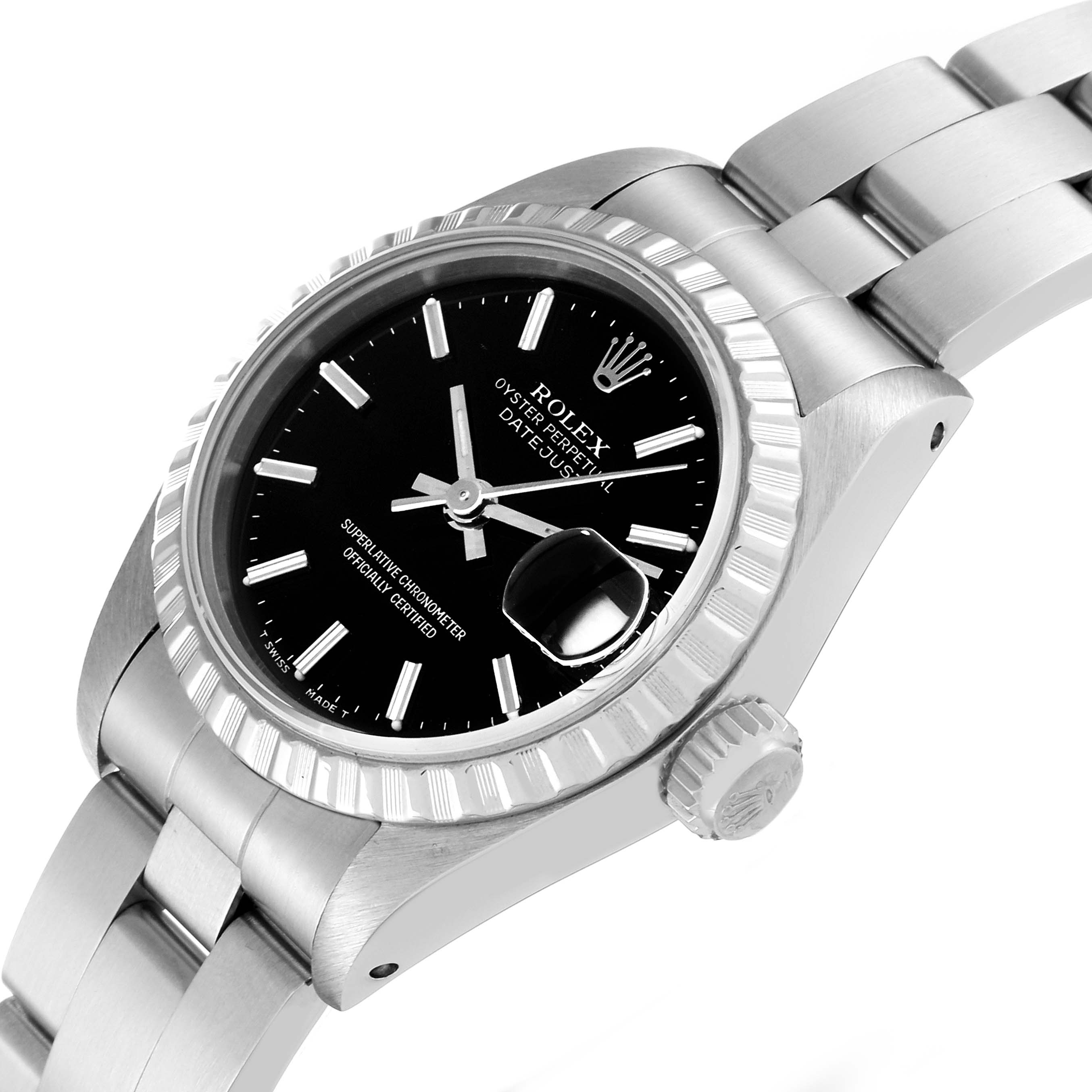The image shows a Rolex Datejust 69240 Women's Stainless Steel Black Dial 69240 Women's Stainless Steel Black Dial watch at an angled view, highlighting the bezel, dial, markers, crown, and part of the bracelet.