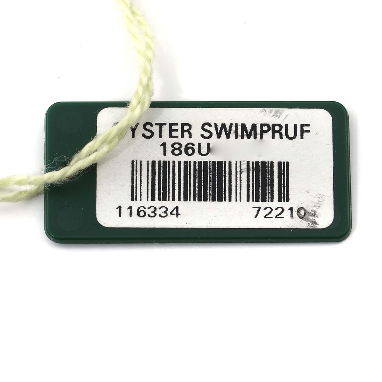 This image shows a Rolex Datejust 41 116334 Men
s Stainless Steel Blue Dial tag labeled "OYSTER SWIMPRUF" with a barcode and string attached.