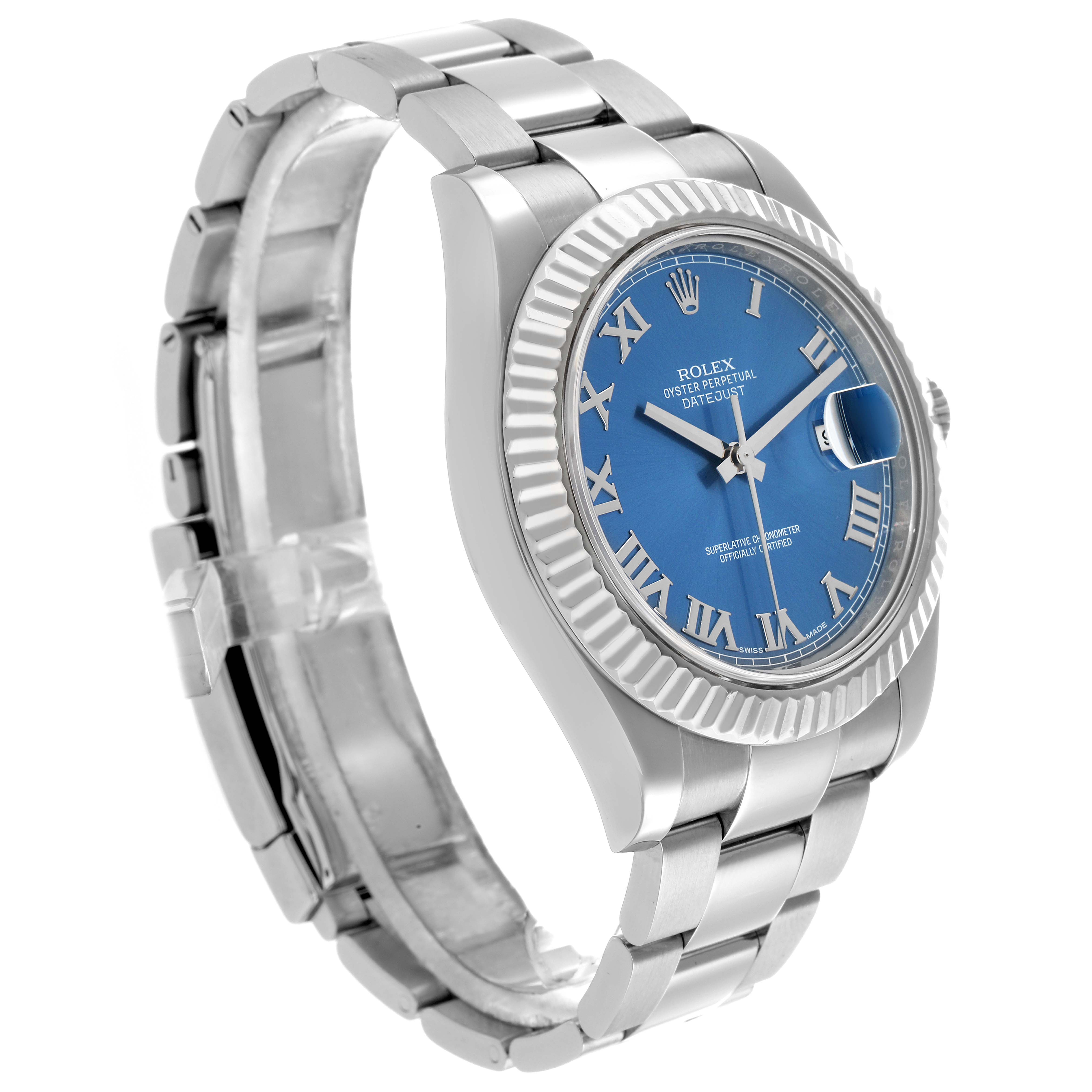The Rolex Datejust 41 116334 Men
s Stainless Steel Blue Dial is shown at a three-quarter angle, highlighting the blue dial, fluted bezel, and link bracelet.