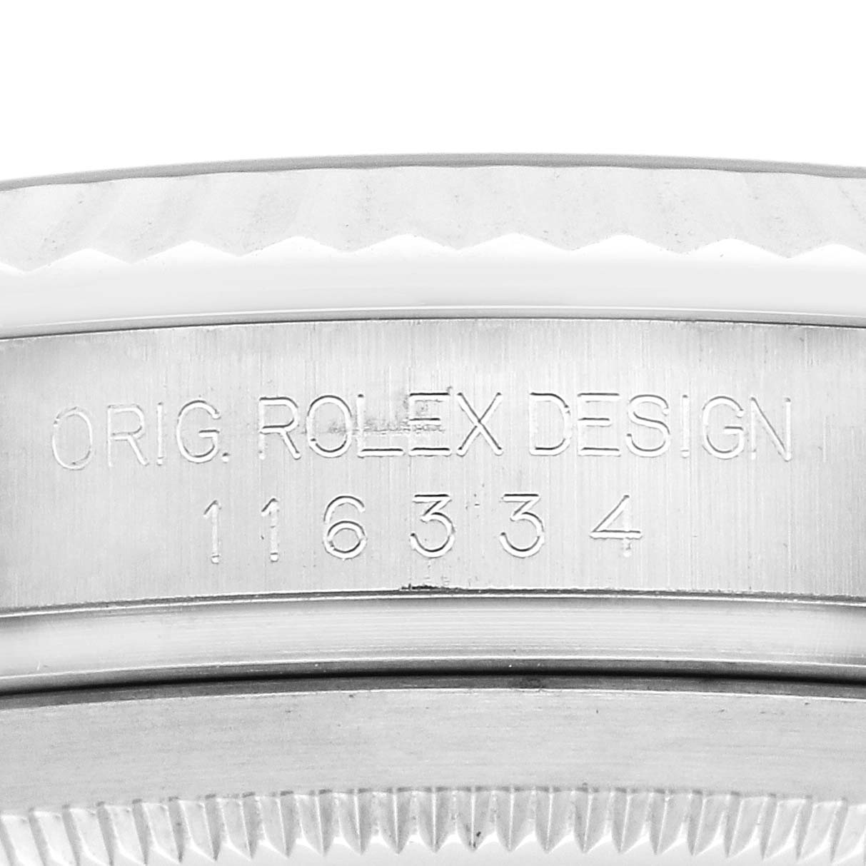 The image shows a close-up of the side of a Rolex Datejust 41 116334 Men
s Stainless Steel Blue Dial, highlighting the engraved design and model number.