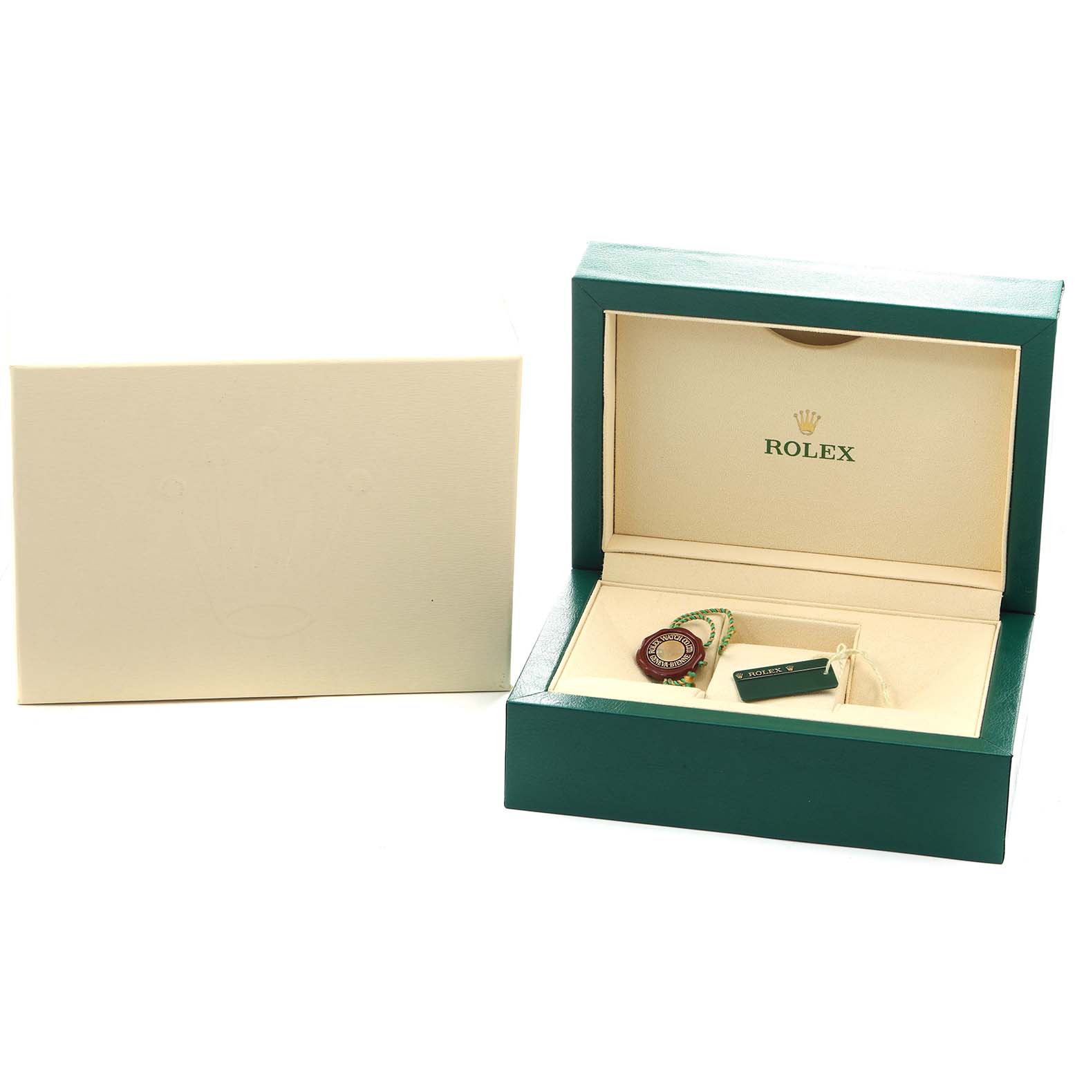 The image shows the open box of a Rolex Datejust 41 116334 Men
s Stainless Steel Blue Dial, featuring the branded interior and tags, with the outer box alongside.