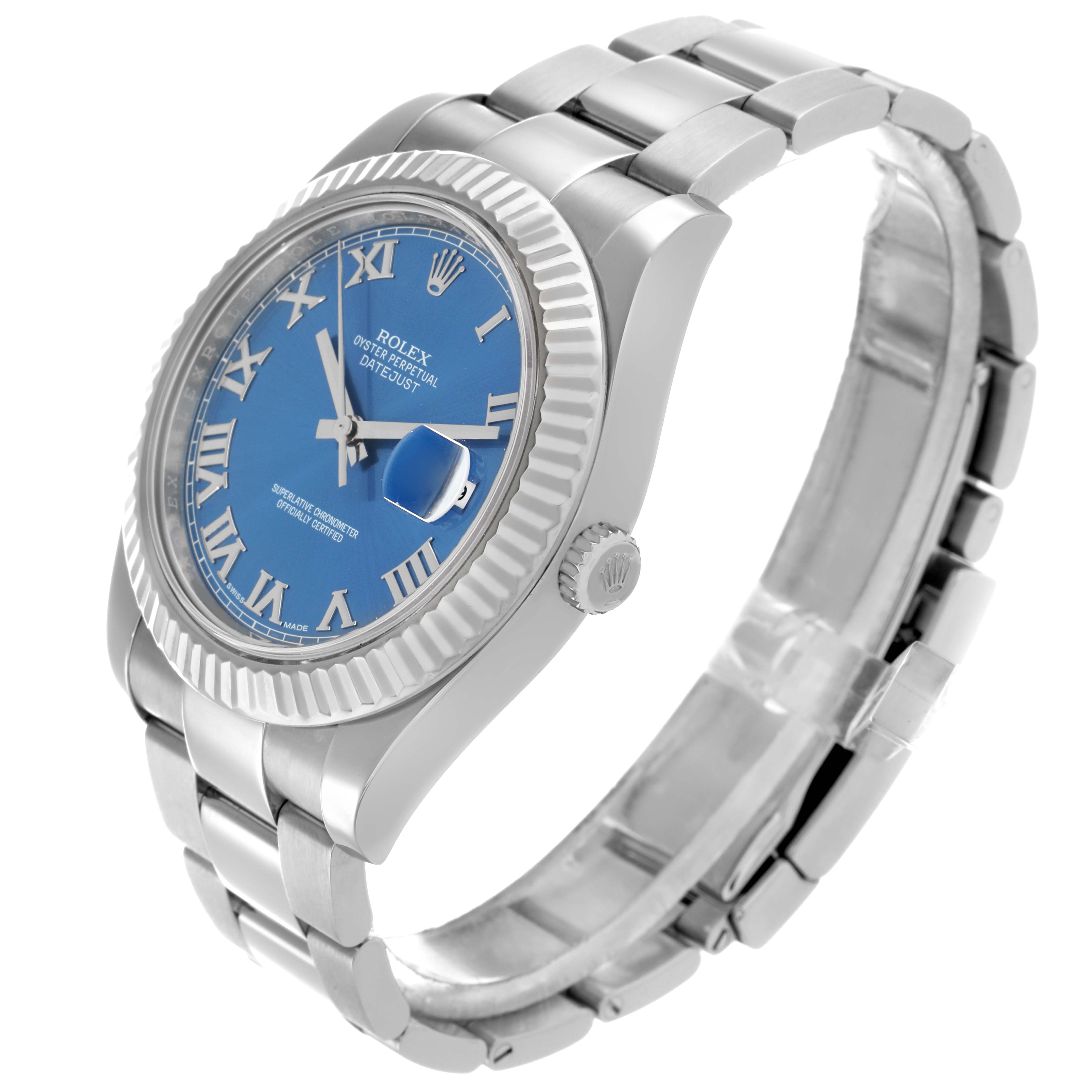 The Rolex Datejust 41 116334 Men
s Stainless Steel Blue Dial watch is shown at an angled view, displaying the dial, bezel, bracelet, and crown.