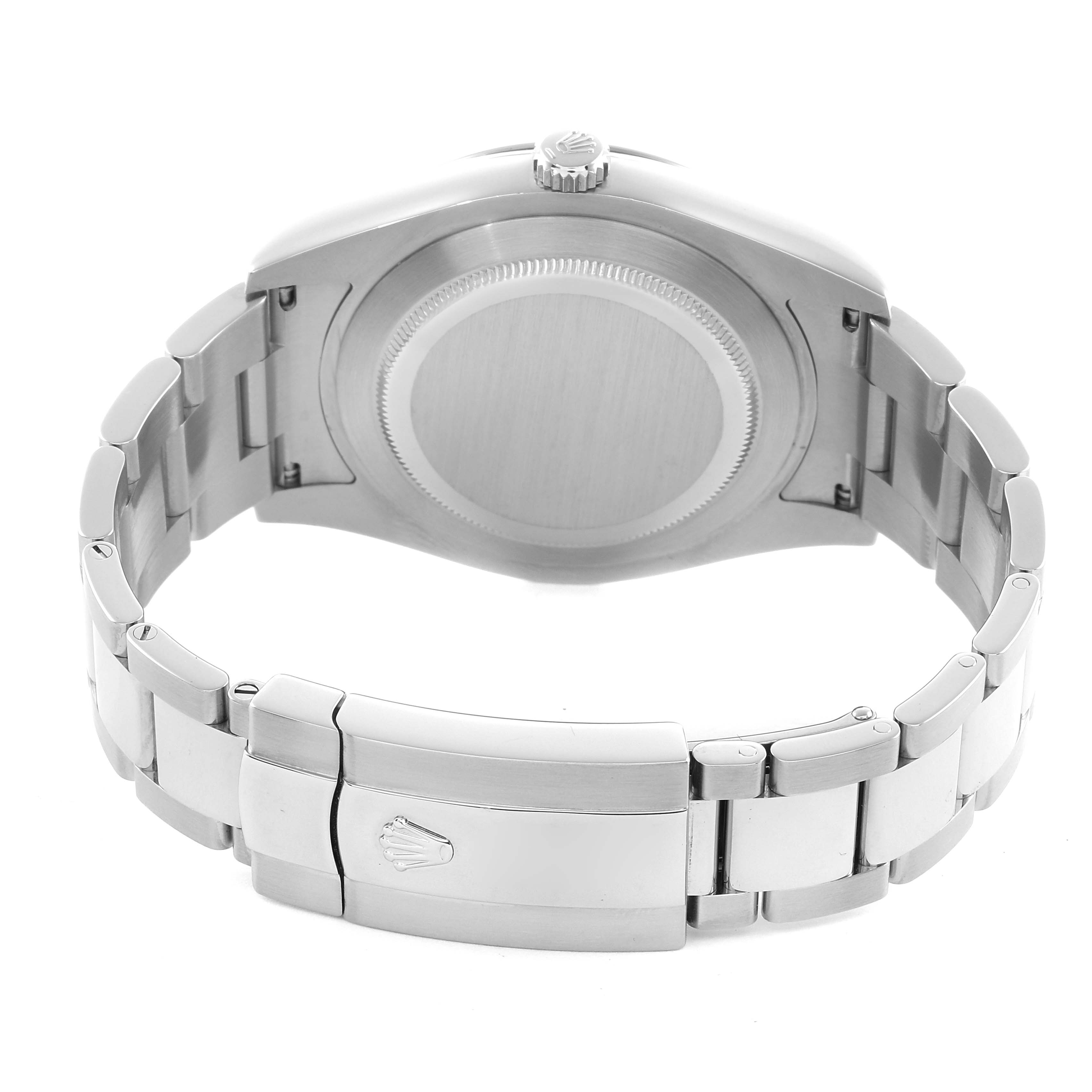 The Rolex Datejust 41 116334 Men
s Stainless Steel Blue Dial watch is shown from the back, featuring the case back, bracelet, and clasp.