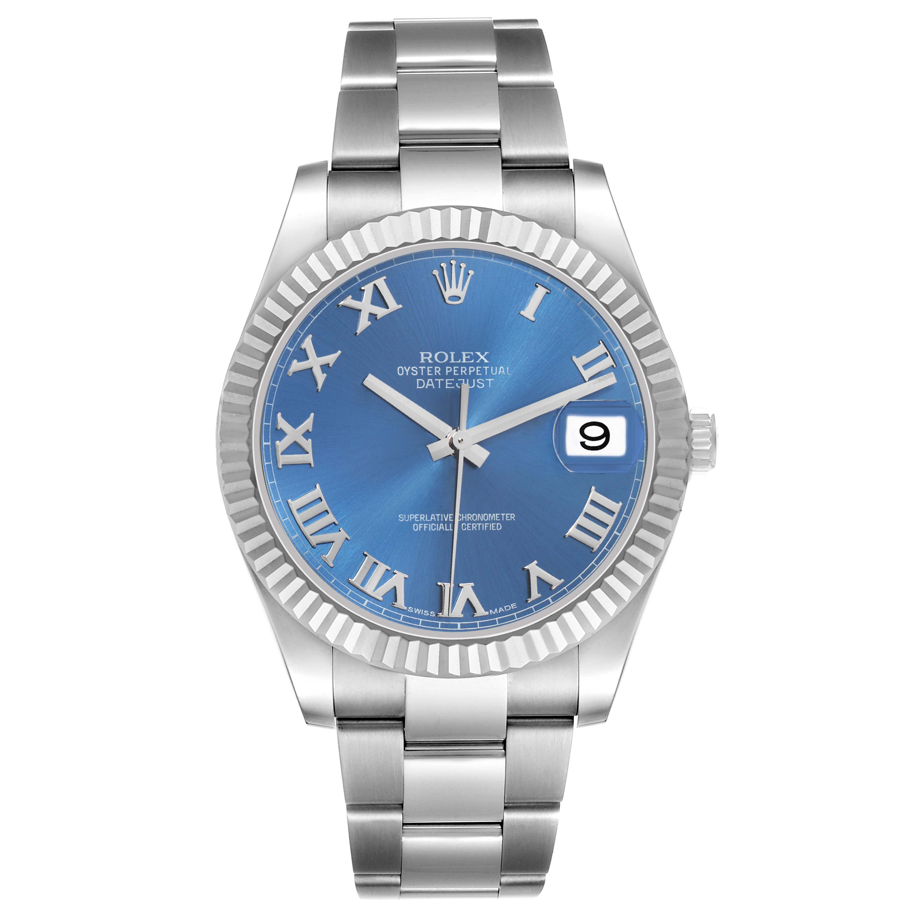 The watch is a Rolex Datejust 41 116334 Men
s Stainless Steel Blue Dial, shown from the front, displaying its dial, bezel, bracelet, and date window.