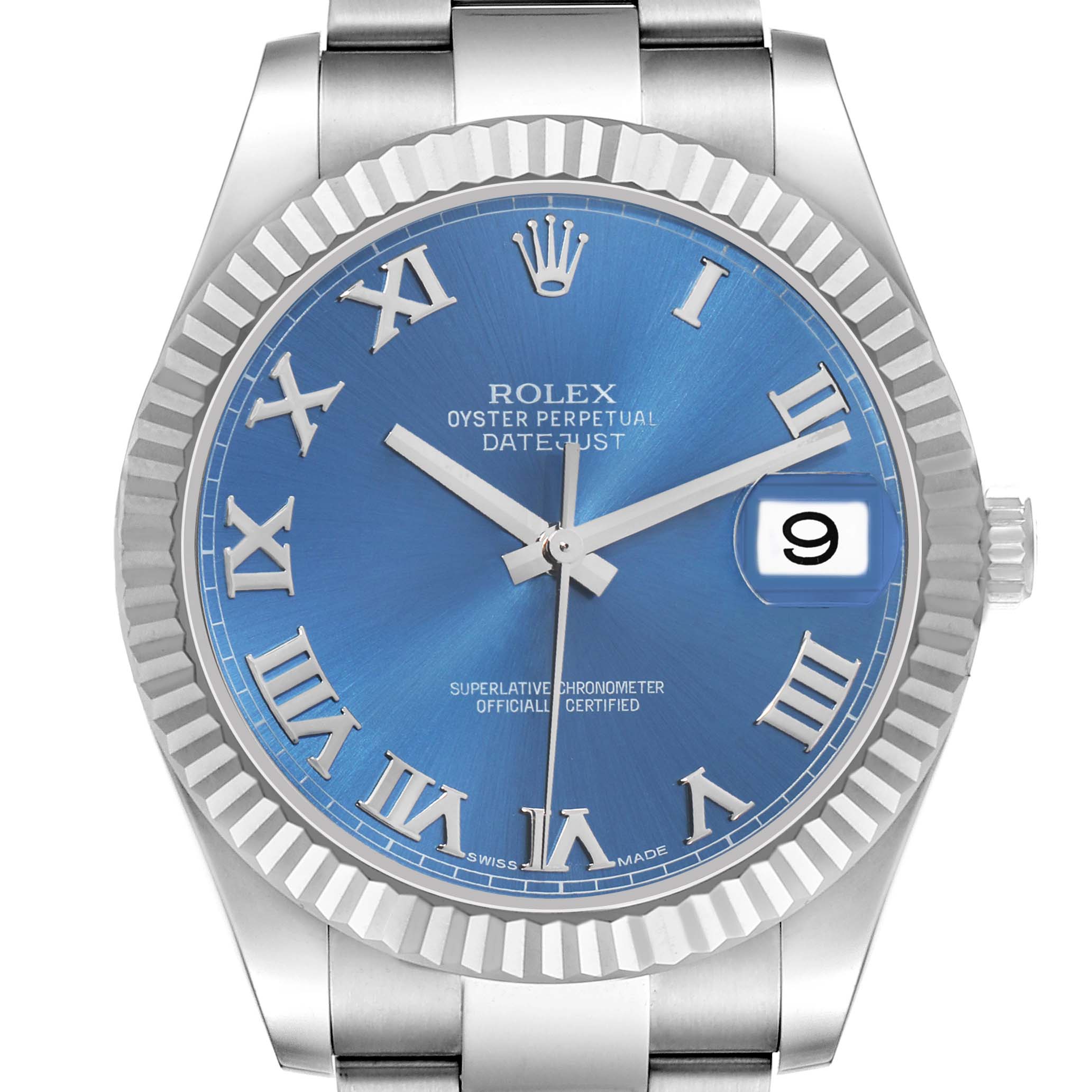 The Rolex Datejust 41 116334 Men
s Stainless Steel Blue Dial watch is shown from a front angle, highlighting its blue dial, Roman numerals, fluted bezel, and metal bracelet.