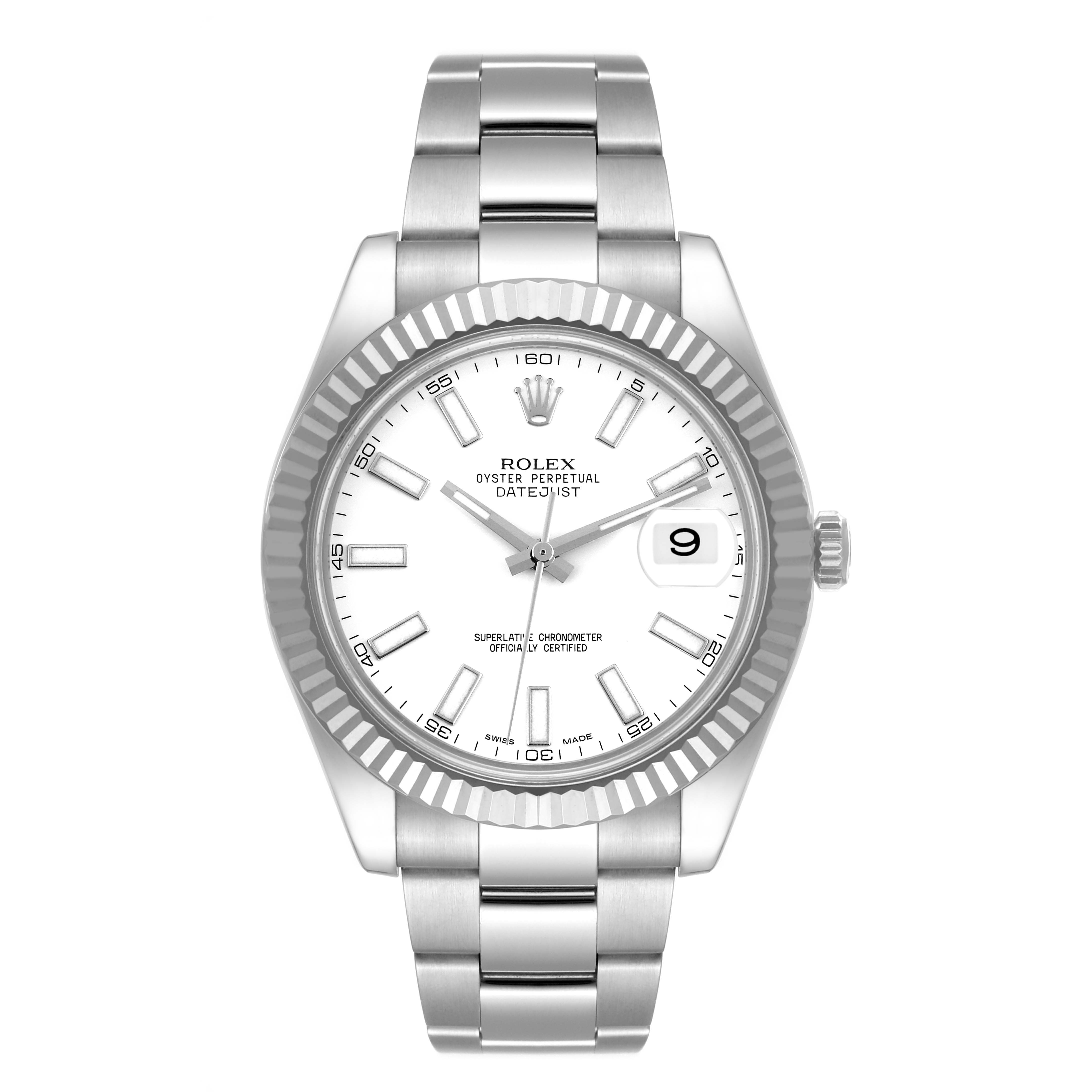 The Rolex Datejust 41 116334 Men's Stainless Steel White Dial 116334 Men's Stainless Steel White Dial model watch is shown from a front angle, displaying the dial, bezel, bracelet, and crown.