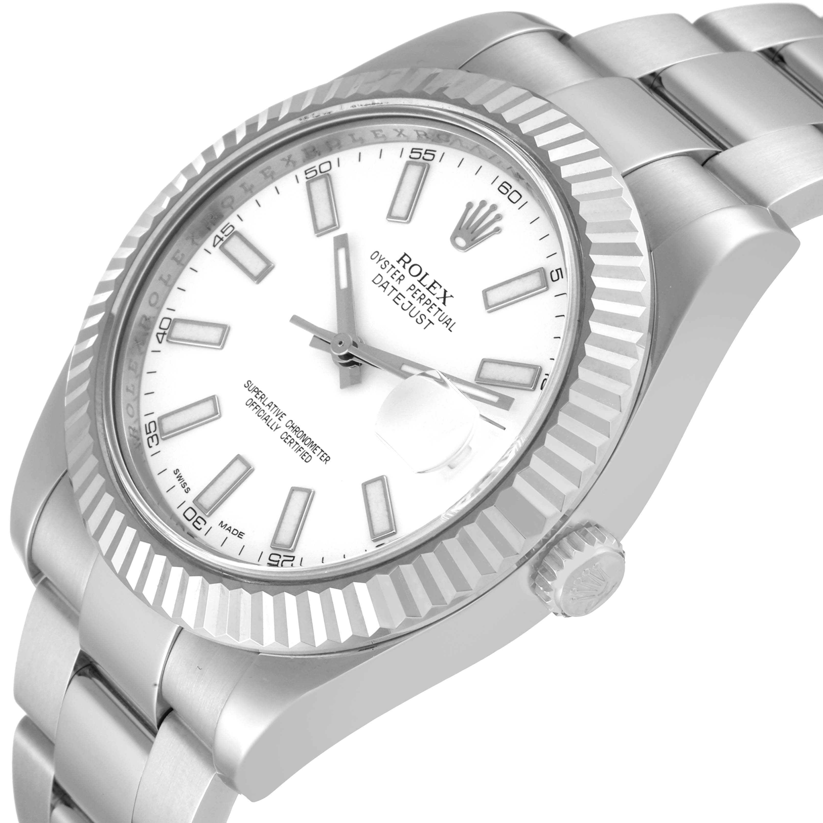 This is a close-up angled view of the Rolex Datejust 41 116334 Men's Stainless Steel White Dial 116334 Men's Stainless Steel White Dial, showing the face, bezel, and part of the bracelet.