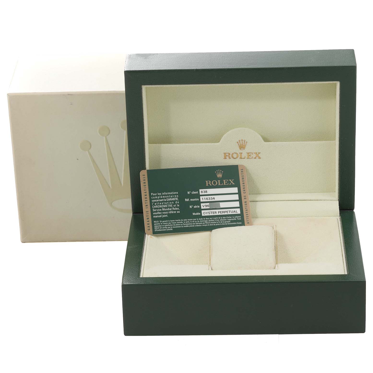 The image shows the packaging and warranty card for a Rolex Datejust 41 116334 Men's Stainless Steel White Dial 116334 Men's Stainless Steel White Dial, with an empty watch box.