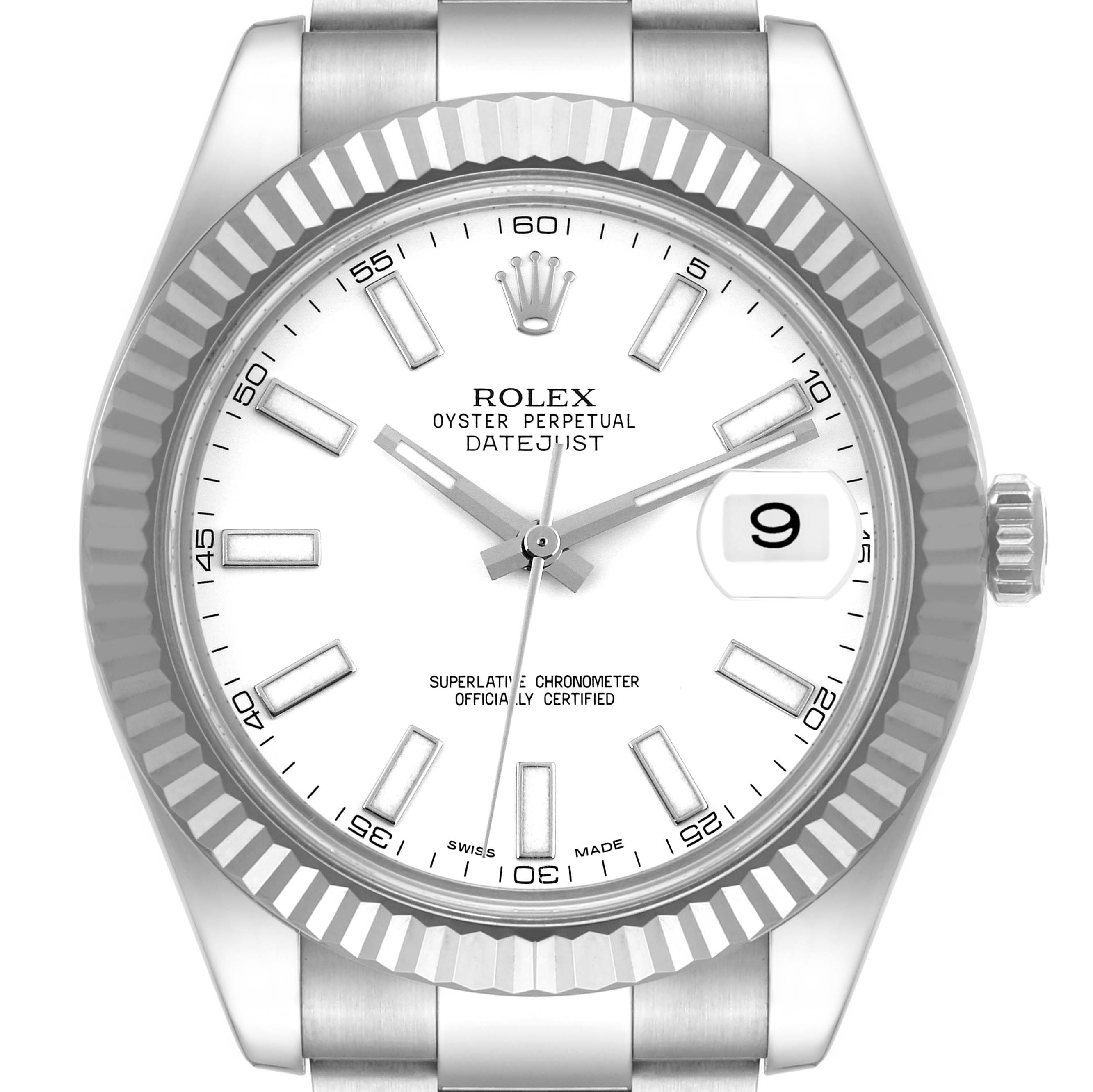 This image shows a frontal view of the Rolex Datejust 41 116334 Men's Stainless Steel White Dial 116334 Men's Stainless Steel White Dial watch, featuring its dial, bezel, hour markers, hands, and date window.
