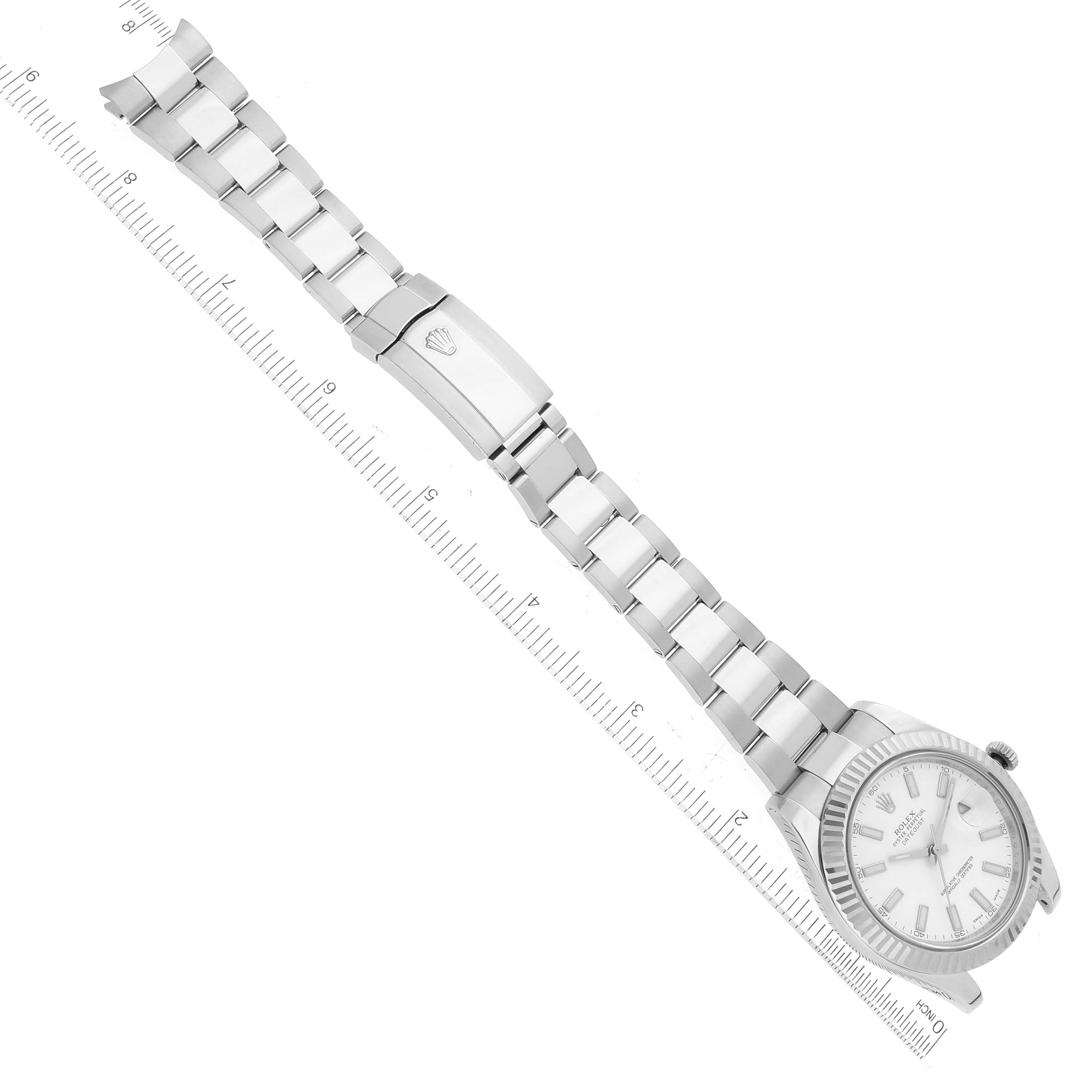 This image shows a full top-down view of the Rolex Datejust 41 116334 Men's Stainless Steel White Dial 116334 Men's Stainless Steel White Dial model, including the watch face and bracelet.