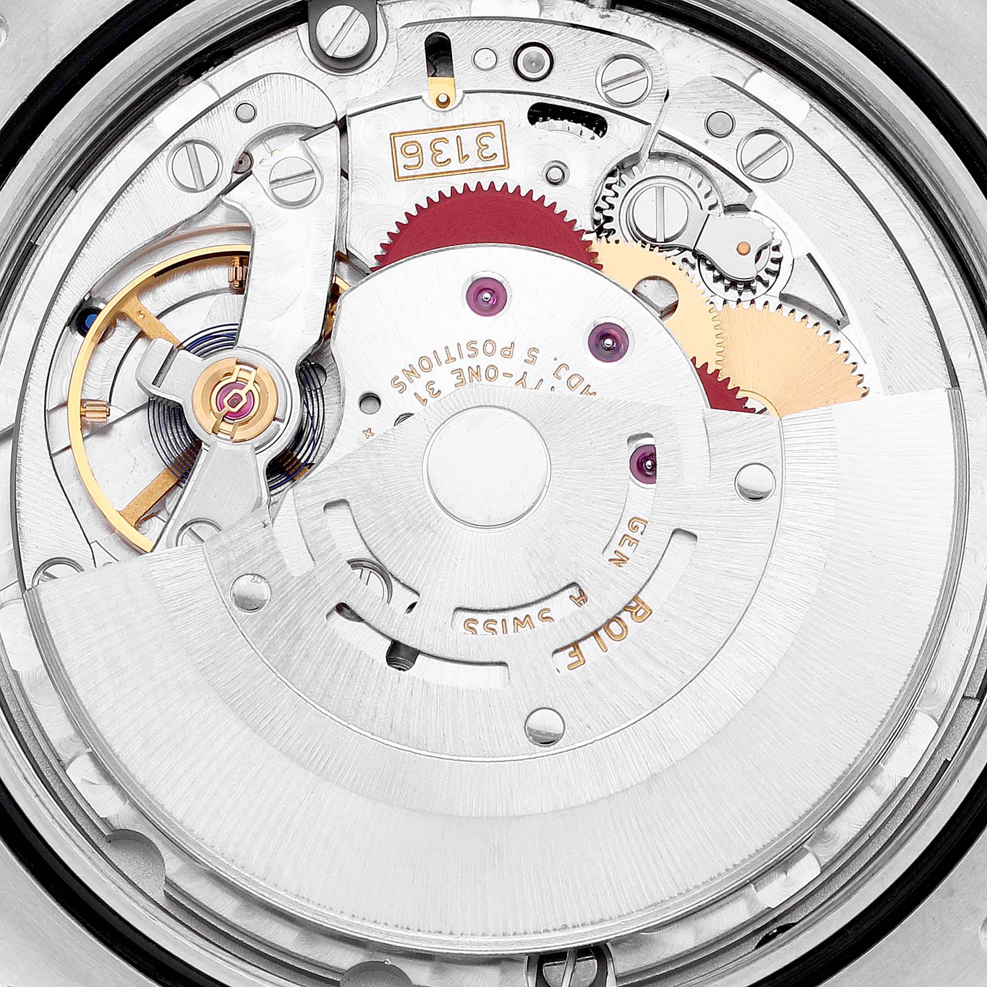 The image shows a close-up view of the movement mechanism of a Rolex Datejust 41 116334 Men's Stainless Steel White Dial 116334 Men's Stainless Steel White Dial watch.