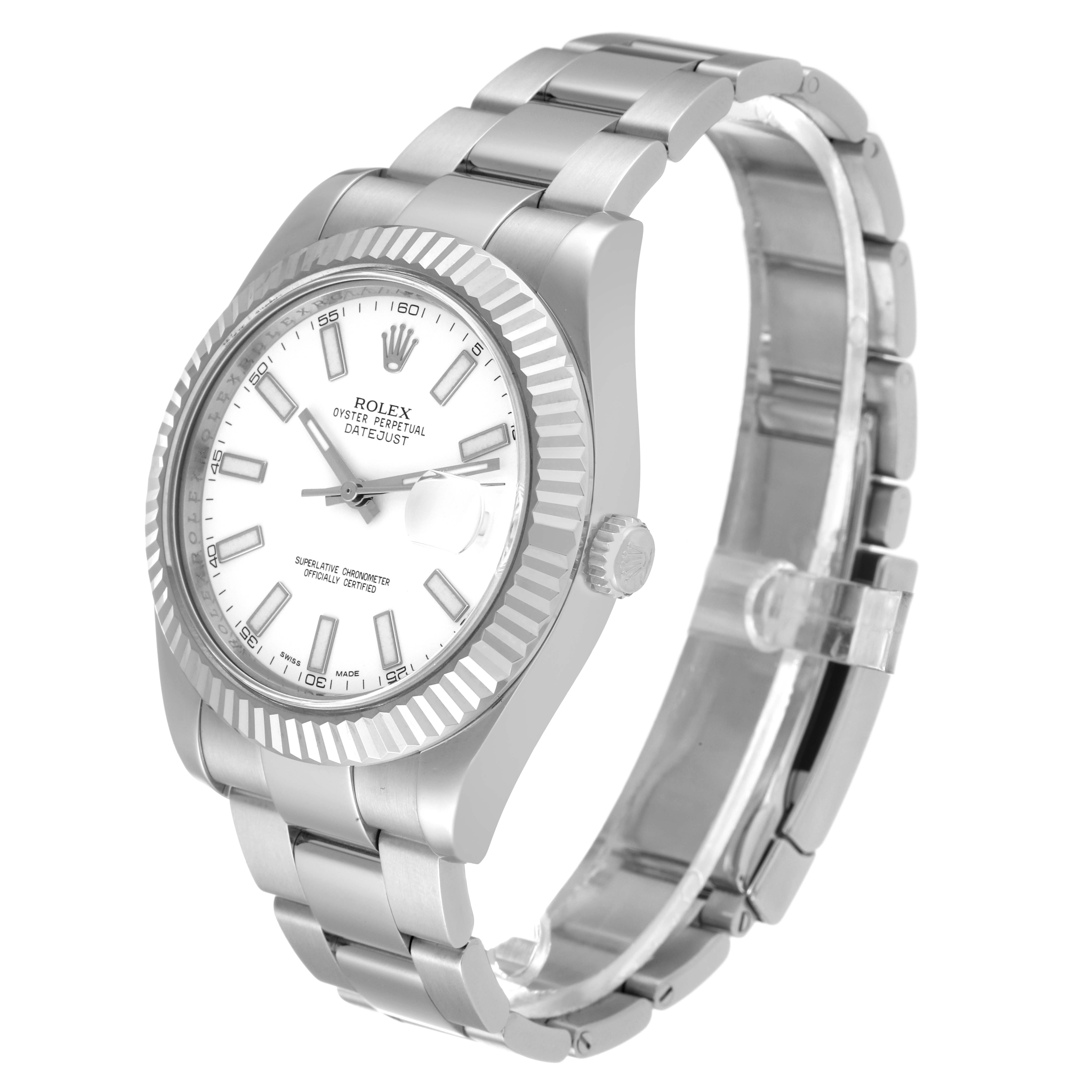 The image shows a side-angle view of the Rolex Datejust 41 116334 Men's Stainless Steel White Dial 116334 Men's Stainless Steel White Dial, highlighting its white dial, fluted bezel, and metal bracelet.