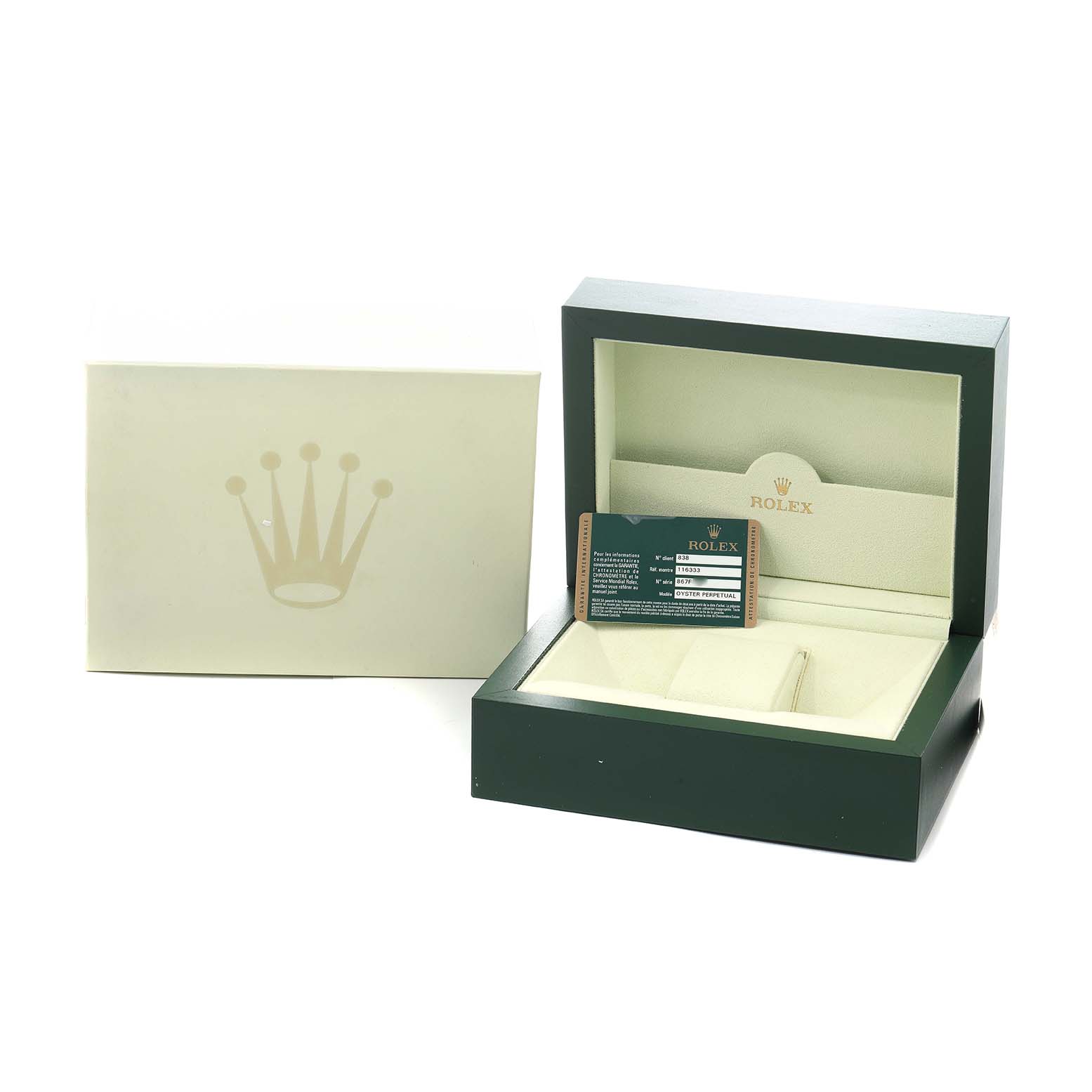 The image shows an open Rolex Datejust 41 116333 Men
s Steel and Gold (two tone) Silver Dial watch box with branding and a warranty card.