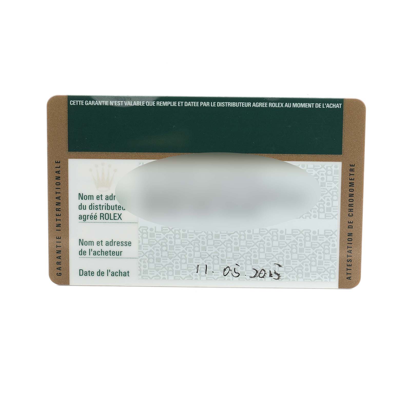 The image shows a warranty card for a Rolex Datejust 41 116333 Men
s Steel and Gold (two tone) Silver Dial watch, featuring buyer and distributor information sections.