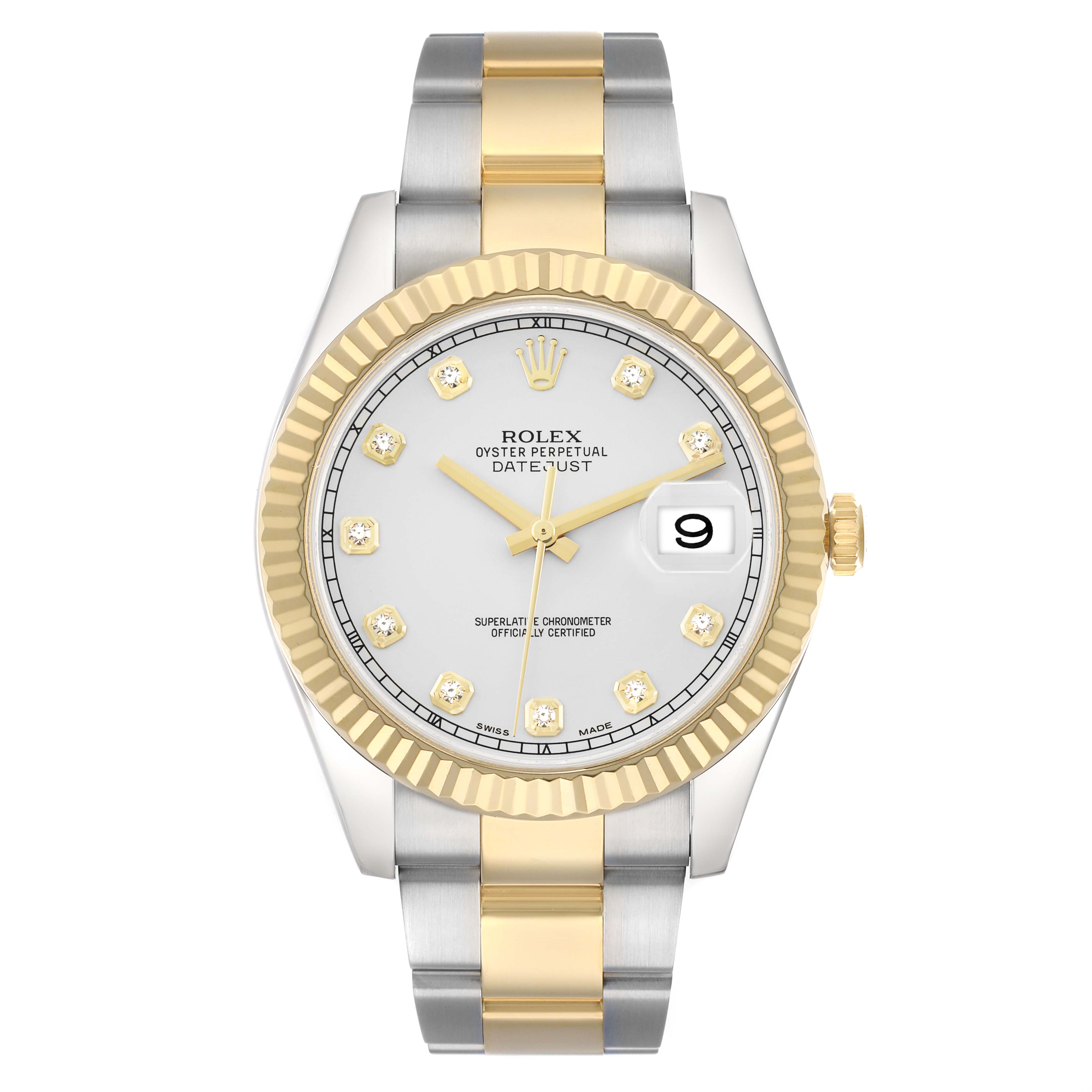 The Rolex Datejust 41 116333 Men
s Steel and Gold (two tone) Silver Dial watch is shown from the front, highlighting the dial, bezel, and two-tone bracelet.