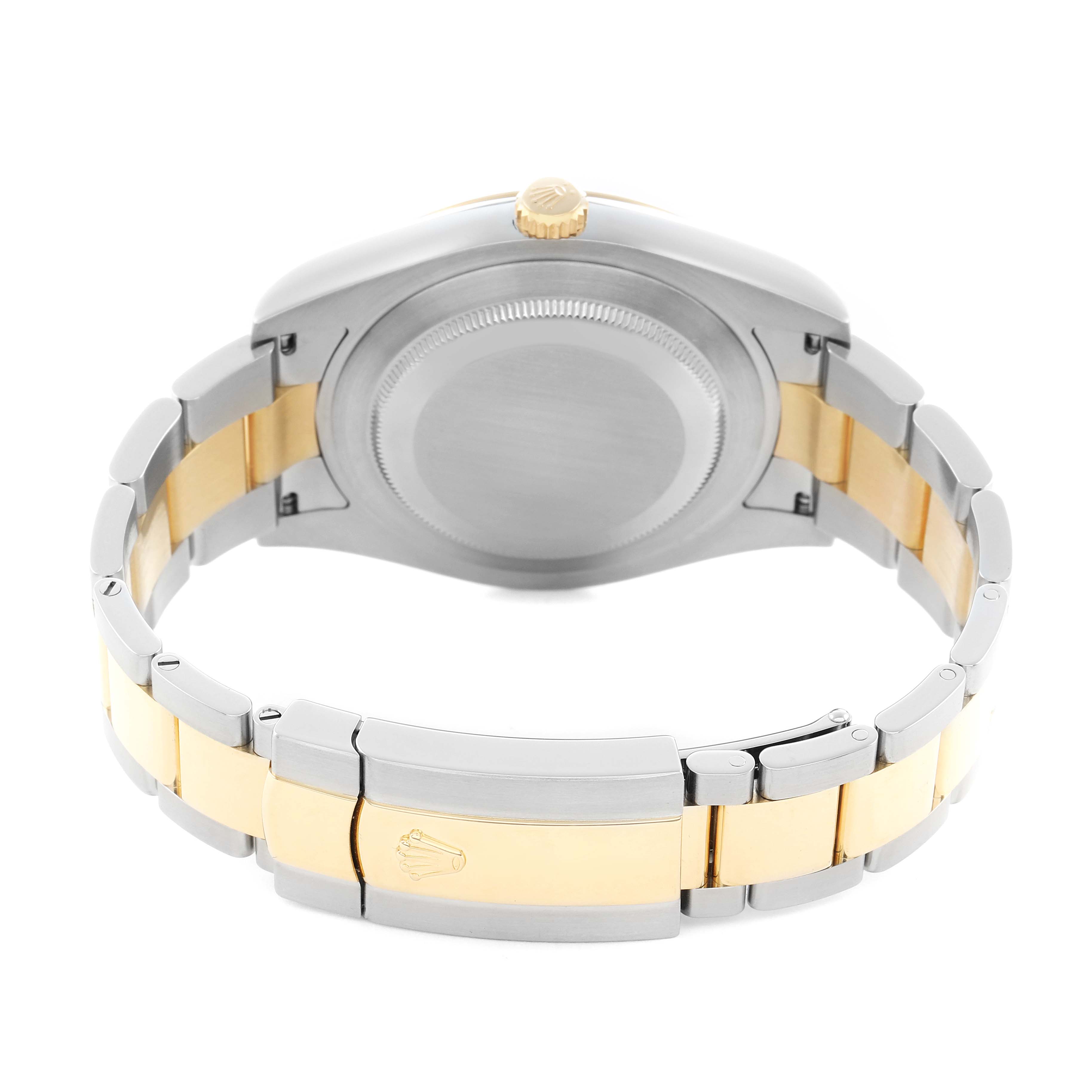 The image shows the back of a Rolex Datejust 41 116333 Men
s Steel and Gold (two tone) Silver Dial, highlighting the case back and two-tone bracelet.