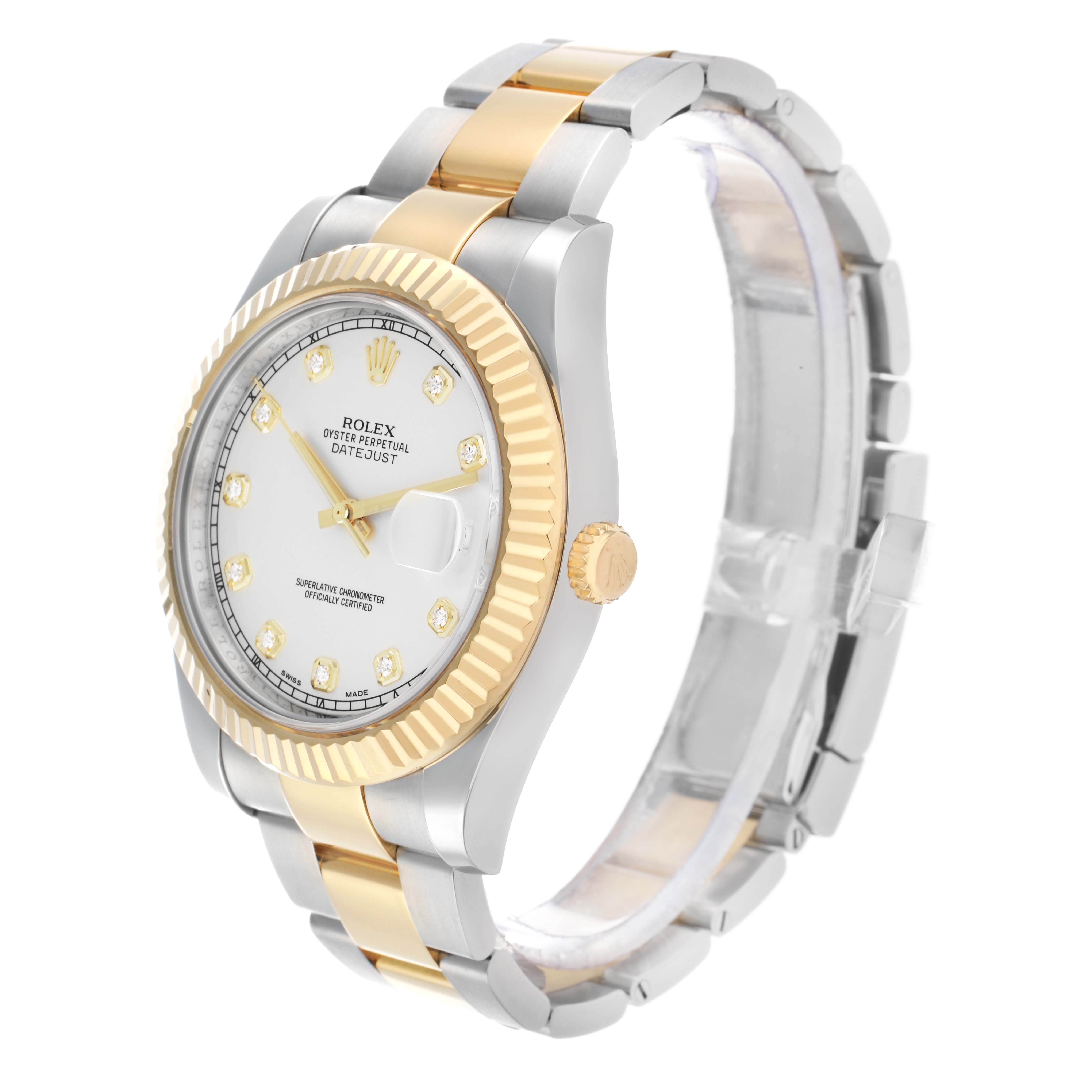 This Rolex Datejust 41 116333 Men
s Steel and Gold (two tone) Silver Dial is shown at a three-quarter angle, highlighting the bezel, crown, dial, and two-tone bracelet.