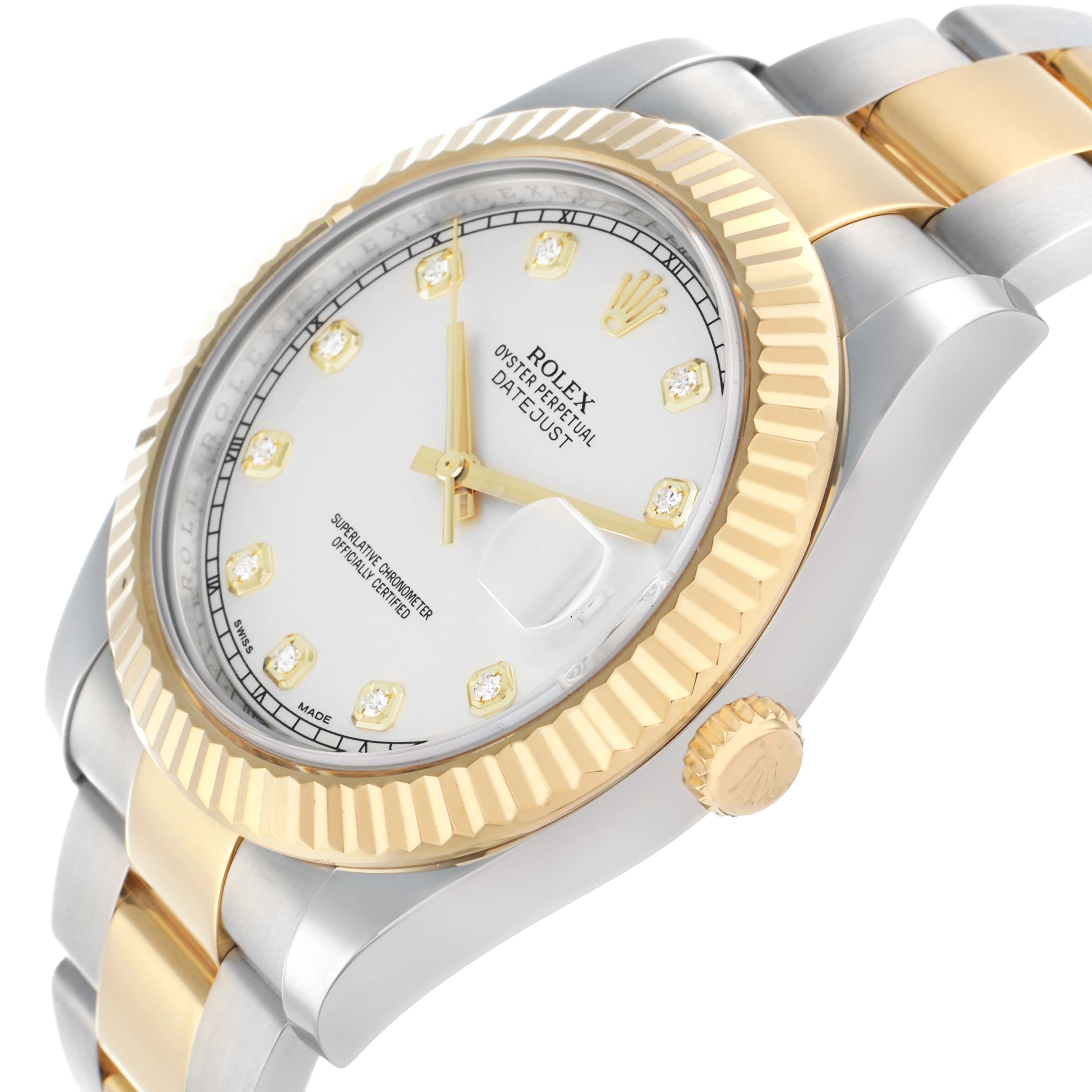 The Rolex Datejust 41 116333 Men
s Steel and Gold (two tone) Silver Dial is shown at an angle highlighting the side, crown, two-tone bracelet, and diamond dial with a fluted bezel.
