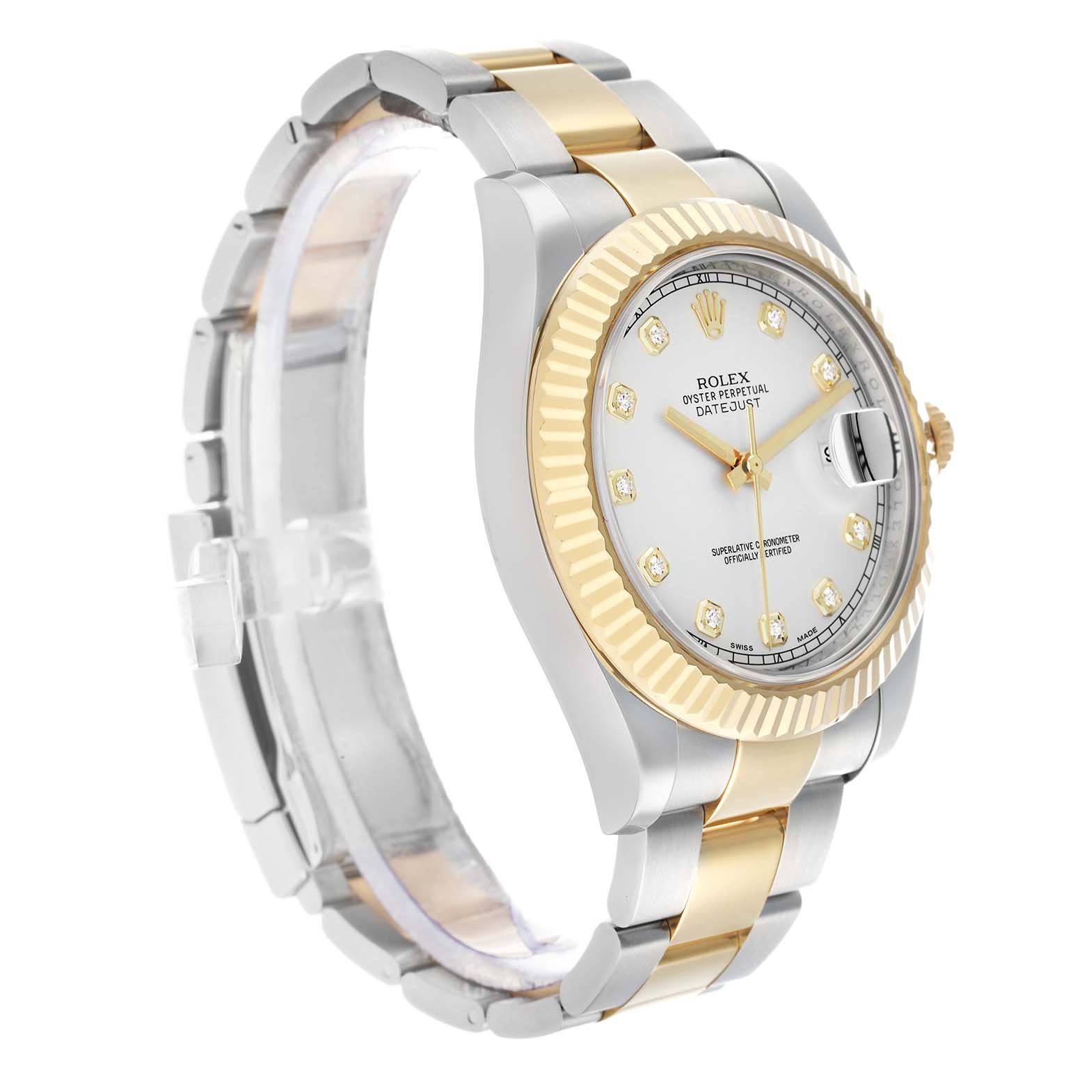 The Rolex Datejust 41 116333 Men
s Steel and Gold (two tone) Silver Dial watch is shown at a three-quarter angle, highlighting the gold fluted bezel, bracelet, and dial with diamond hour markers.