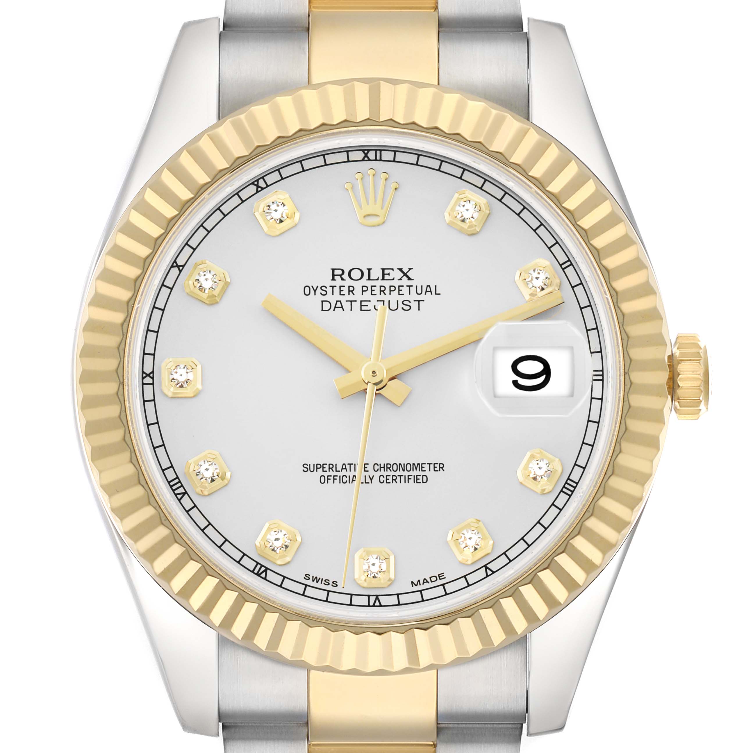 The Rolex Datejust 41 116333 Men
s Steel and Gold (two tone) Silver Dial is shown from a frontal angle, highlighting its dial, crown, and two-tone bezel and bracelet.