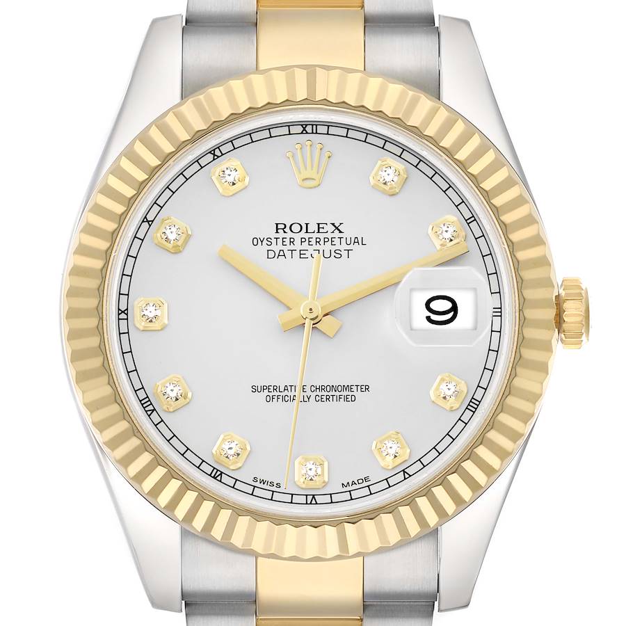 The Rolex Datejust 41 116333 Men's Steel and Gold (two tone) Silver Dial is shown from a frontal angle, highlighting its dial, crown, and two-tone bezel and bracelet.