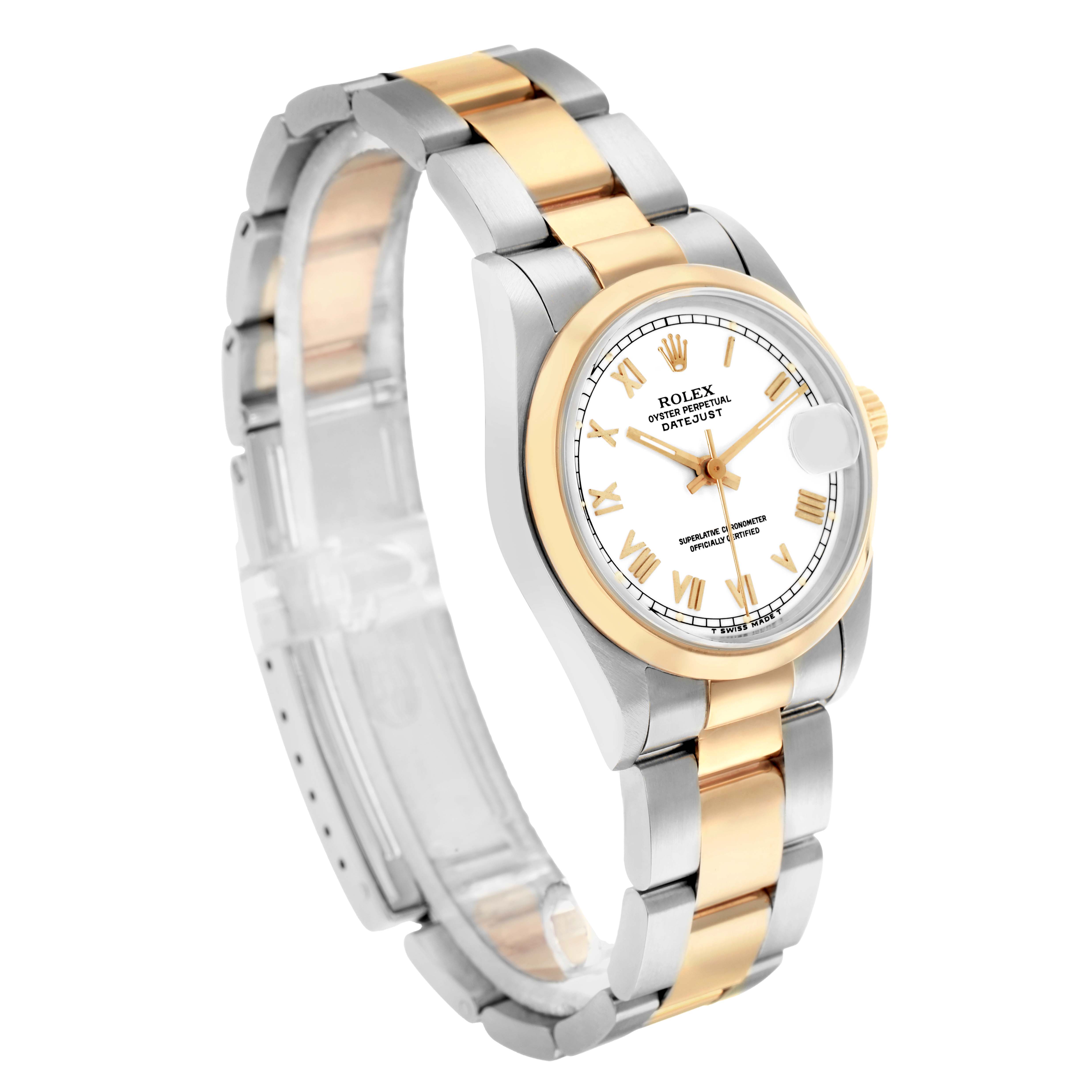 The Rolex Datejust 68243 Women
s Steel and Gold (two tone) White Dial is shown at a three-quarter angle, highlighting its two-tone bracelet, bezel, and white dial with gold Roman numerals.