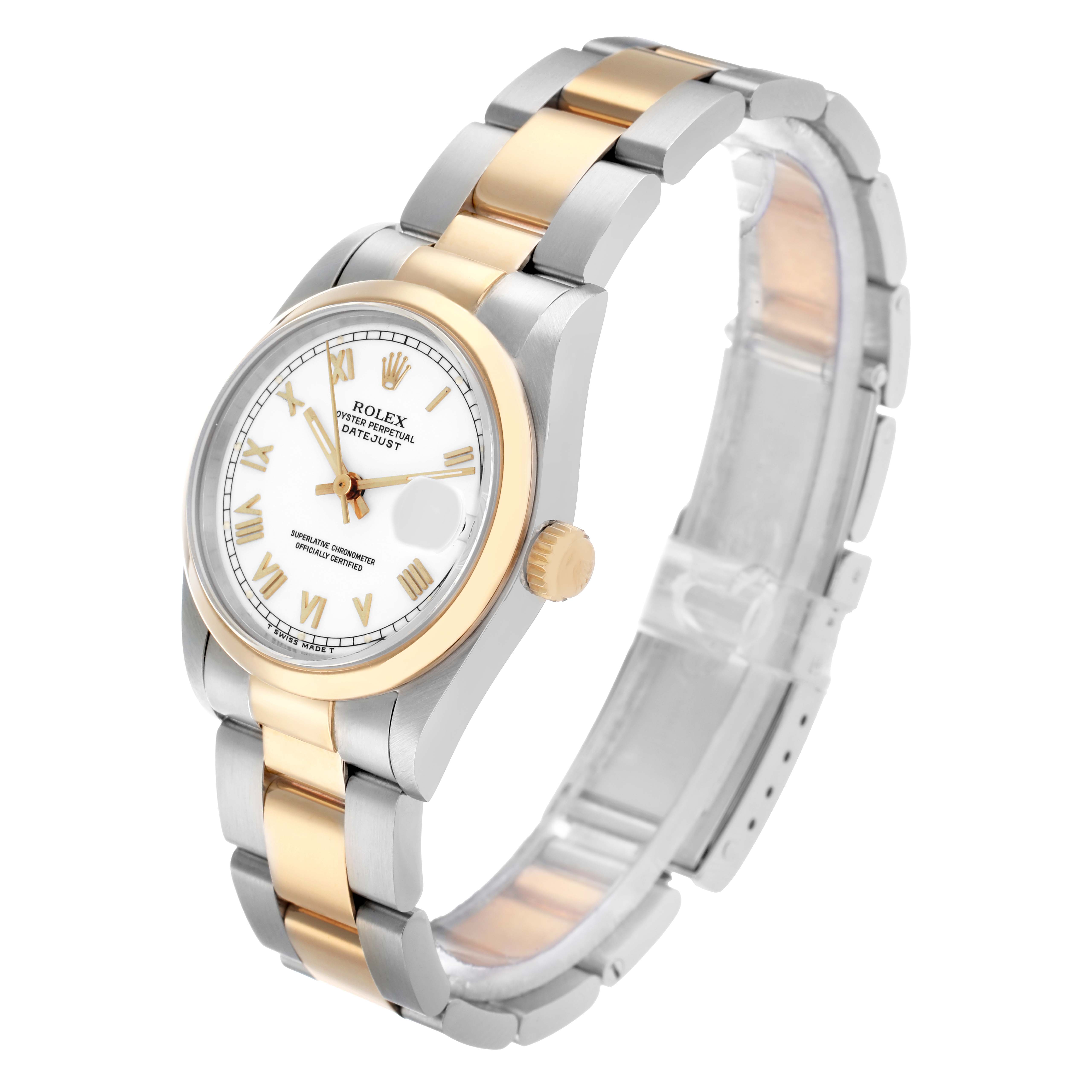 The Rolex Datejust 68243 Women
s Steel and Gold (two tone) White Dial watch is shown at a three-quarter angle, displaying the dial, bezel, crown, and bracelet.
