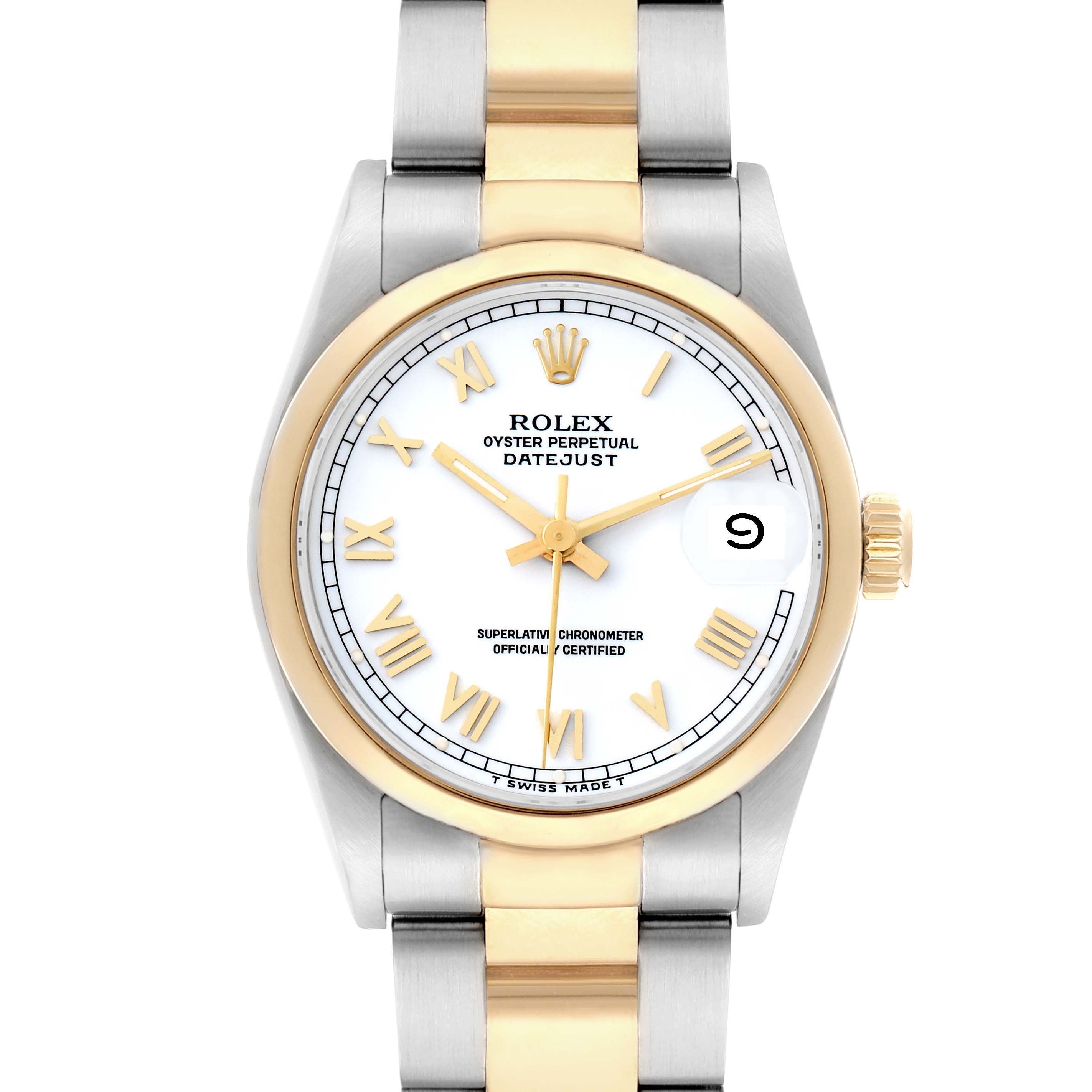 The Rolex Datejust 68243 Women
s Steel and Gold (two tone) White Dial watch is shown from the front, displaying its dial, hands, bezel, and bracelet.