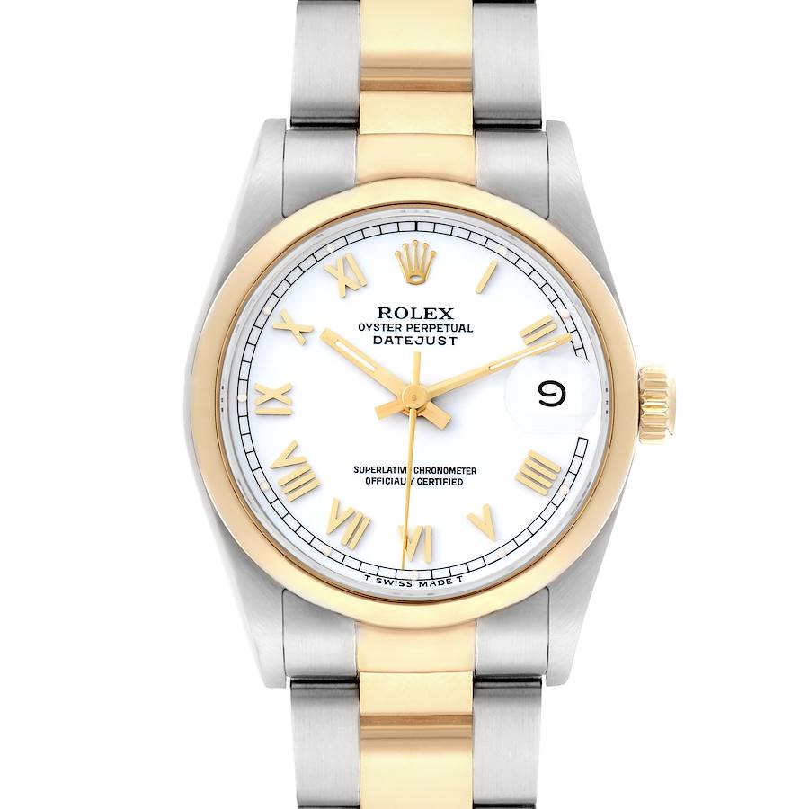 The Rolex Datejust 68243 Women's Steel and Gold (two tone) White Dial watch is shown from the front, displaying its dial, hands, bezel, and bracelet.